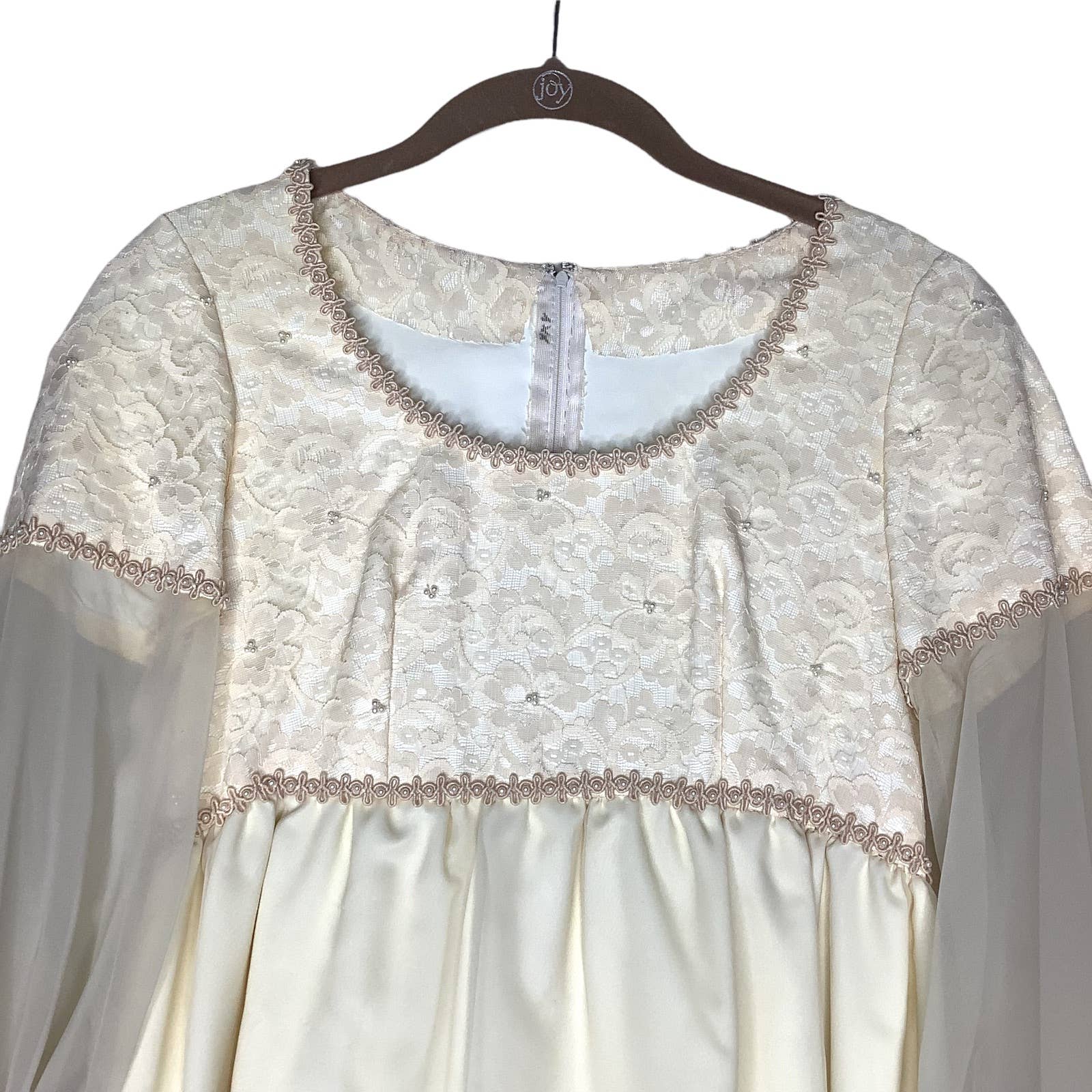 Vintage Wedding Dress 70s Maxi Sheath Ivory Blush Faux Pearl Beaded Empire Waist - Image 3