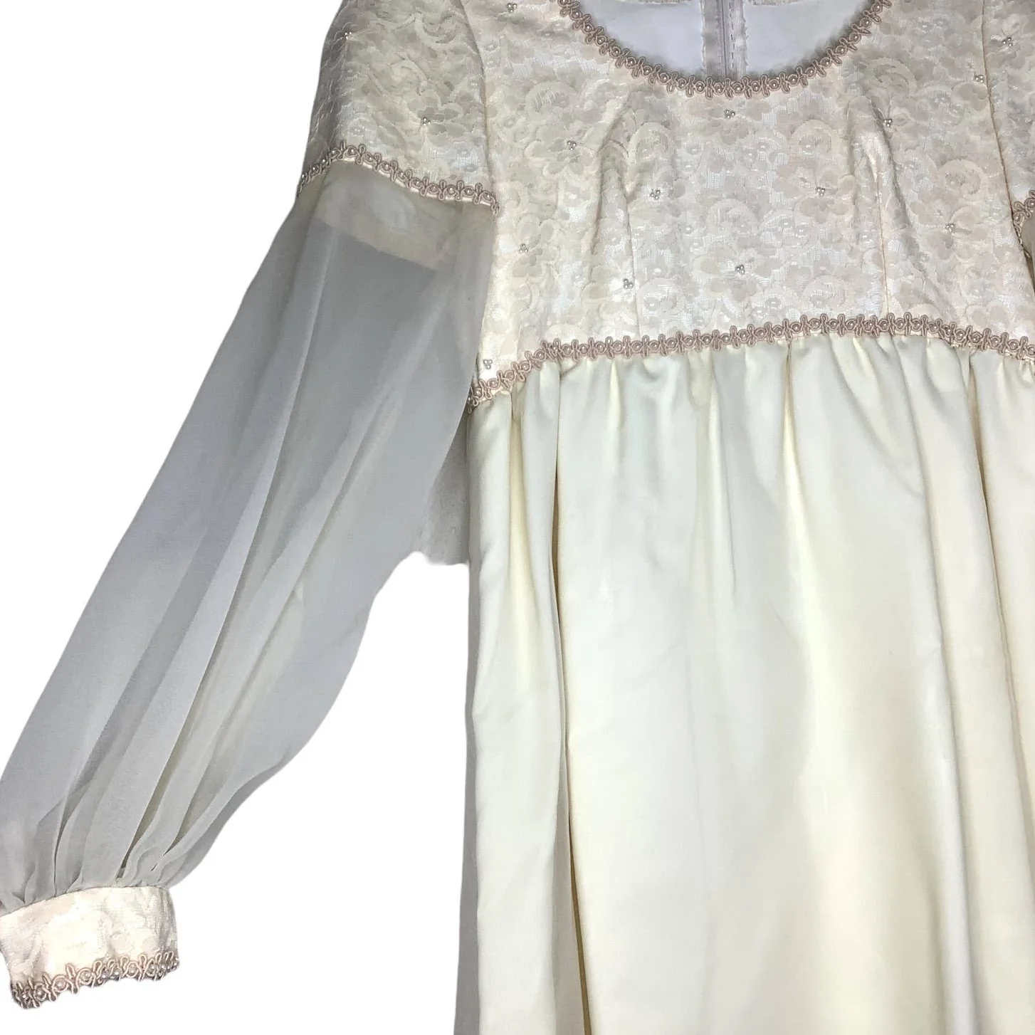 Vintage Wedding Dress 70s Maxi Sheath Ivory Blush Faux Pearl Beaded Empire Waist - Image 6