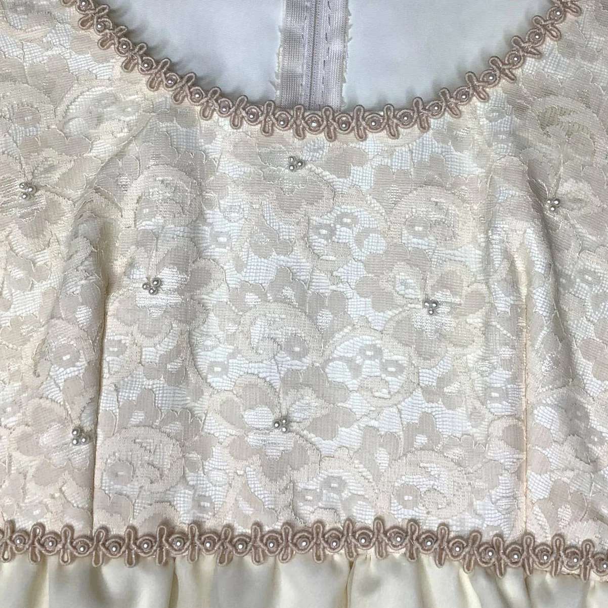 Vintage Wedding Dress 70s Maxi Sheath Ivory Blush Faux Pearl Beaded Empire Waist - Image 8