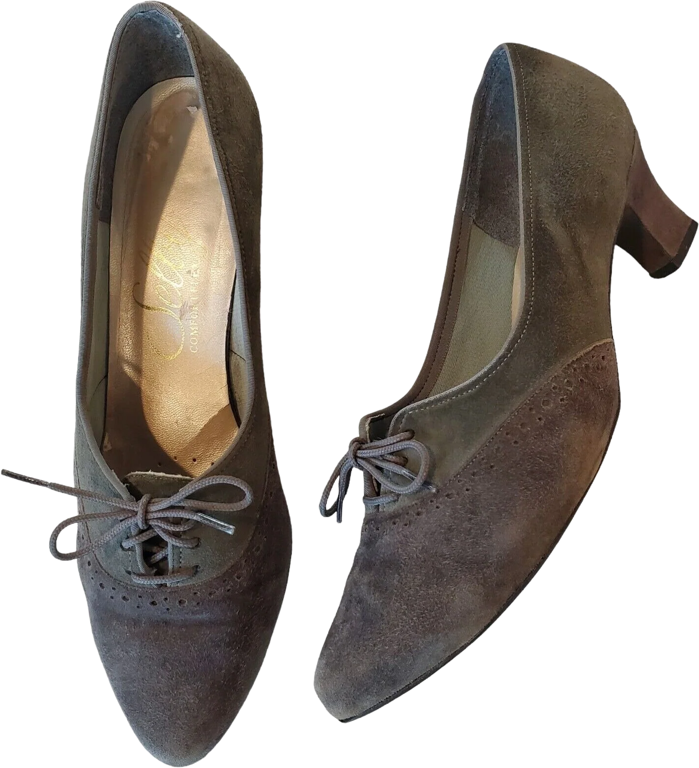 Vintage Womens 70s Gray Suede Saddle Oxford Kitten Heels Sz 7. 5