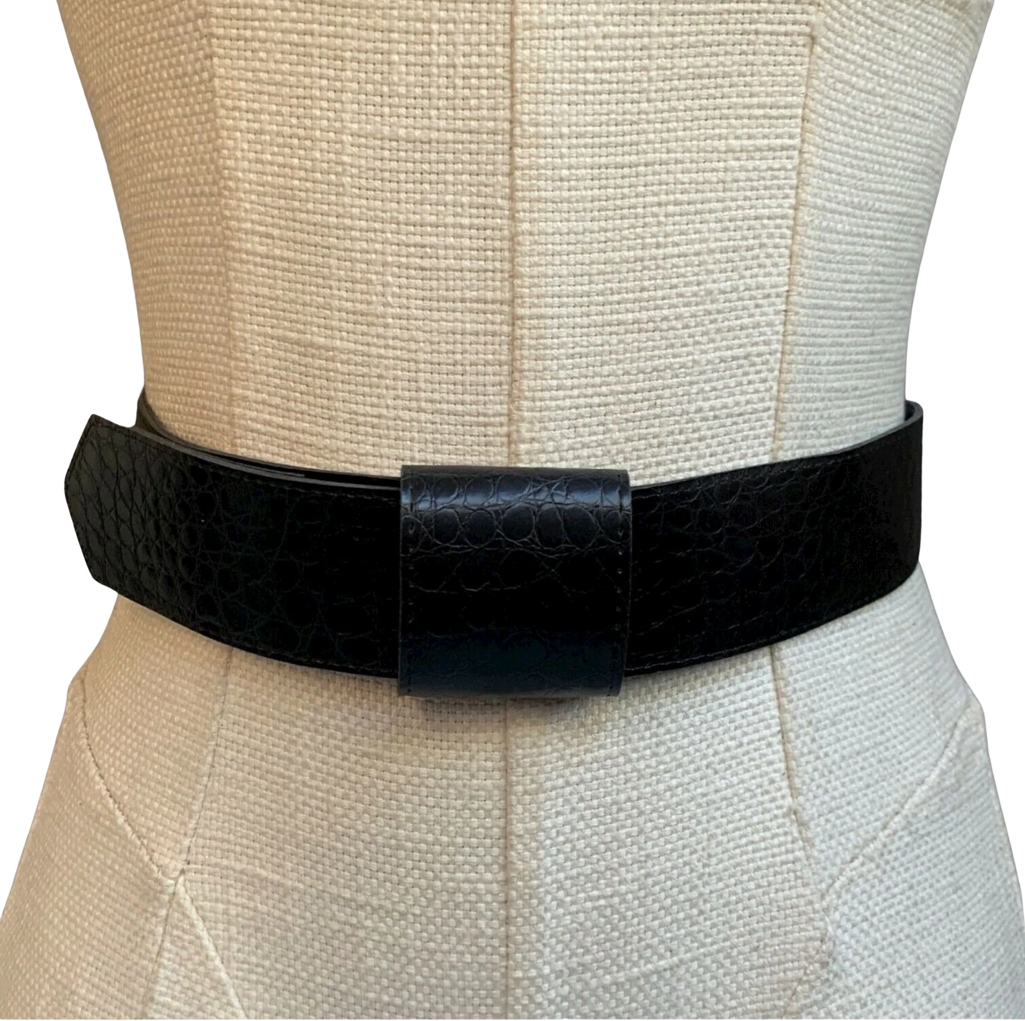 Vintage Women's Black Croc Embossed Faux Leather Belt Snap Button Adjustable 14