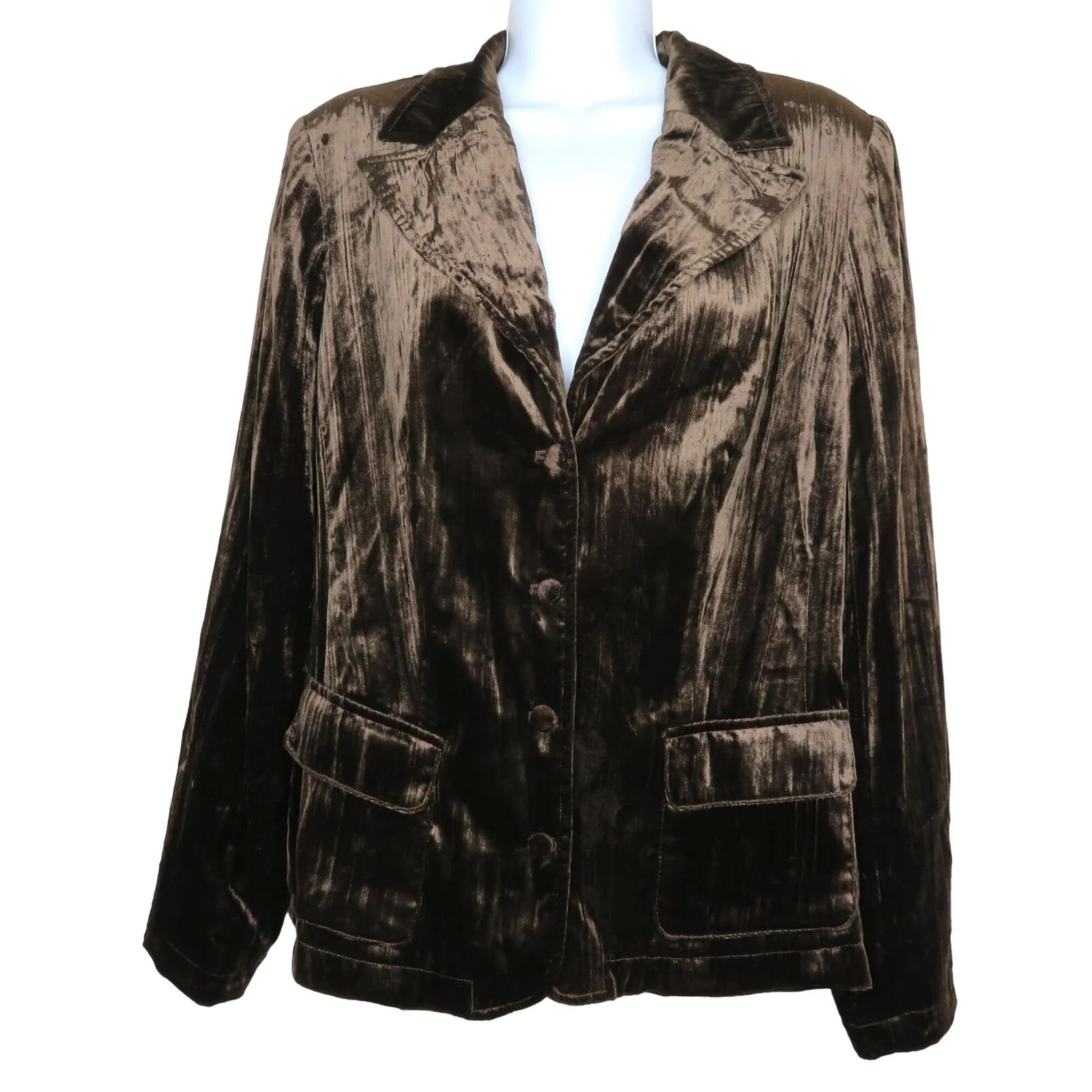 Vintage Womens Brown Crushed Velvet Jacket M Notched Collar Lined Pockets by Coldwater Creek - Image 3