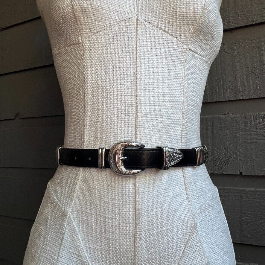 Vintage Women's Faux Black Leather Silver Concho Link Western Belt S/m by Comeco - Image 5