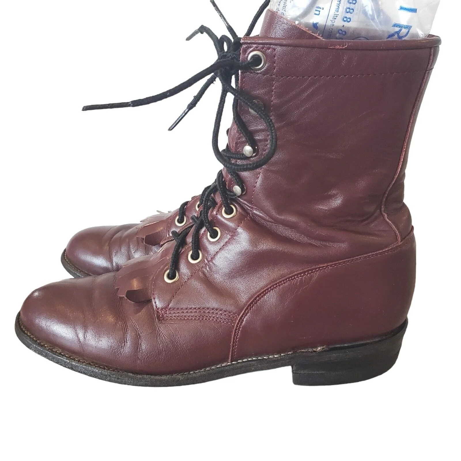 Vintage Womens Kiltie Burgundy Boots L0510 Usa Leather Lace Up Sz 7. 5 B by Justin - Image 2