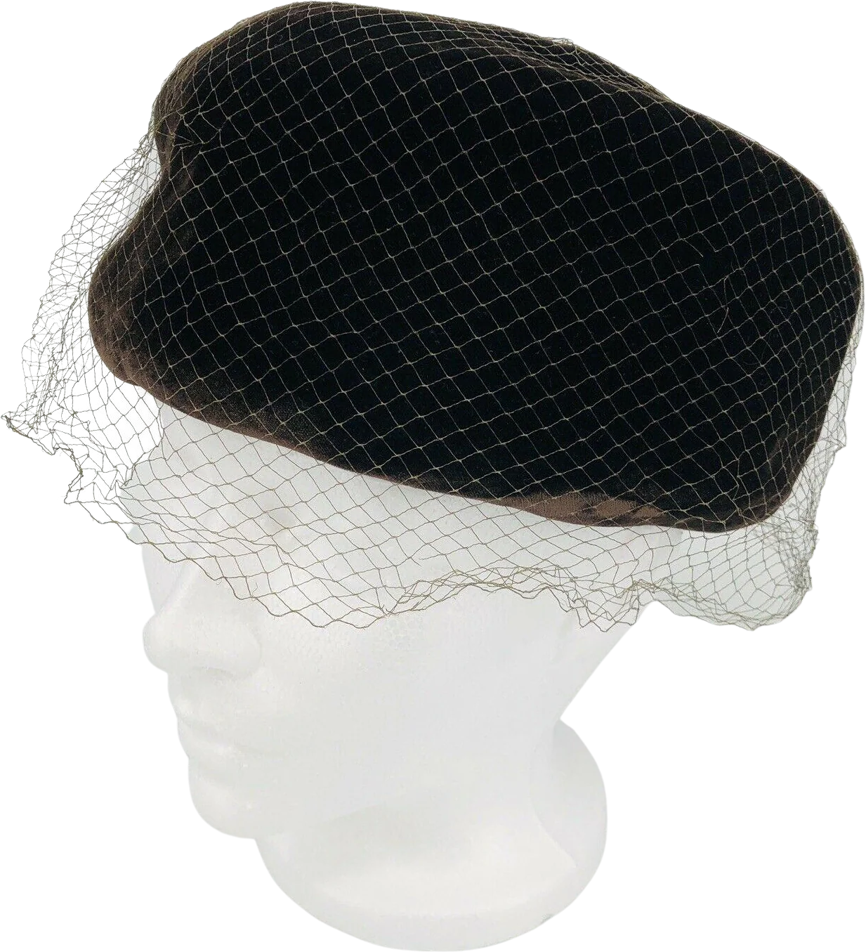 Vintage Womens Pillbox Hat Veil Netting Chocolate Brown Velvet Millinery Cute