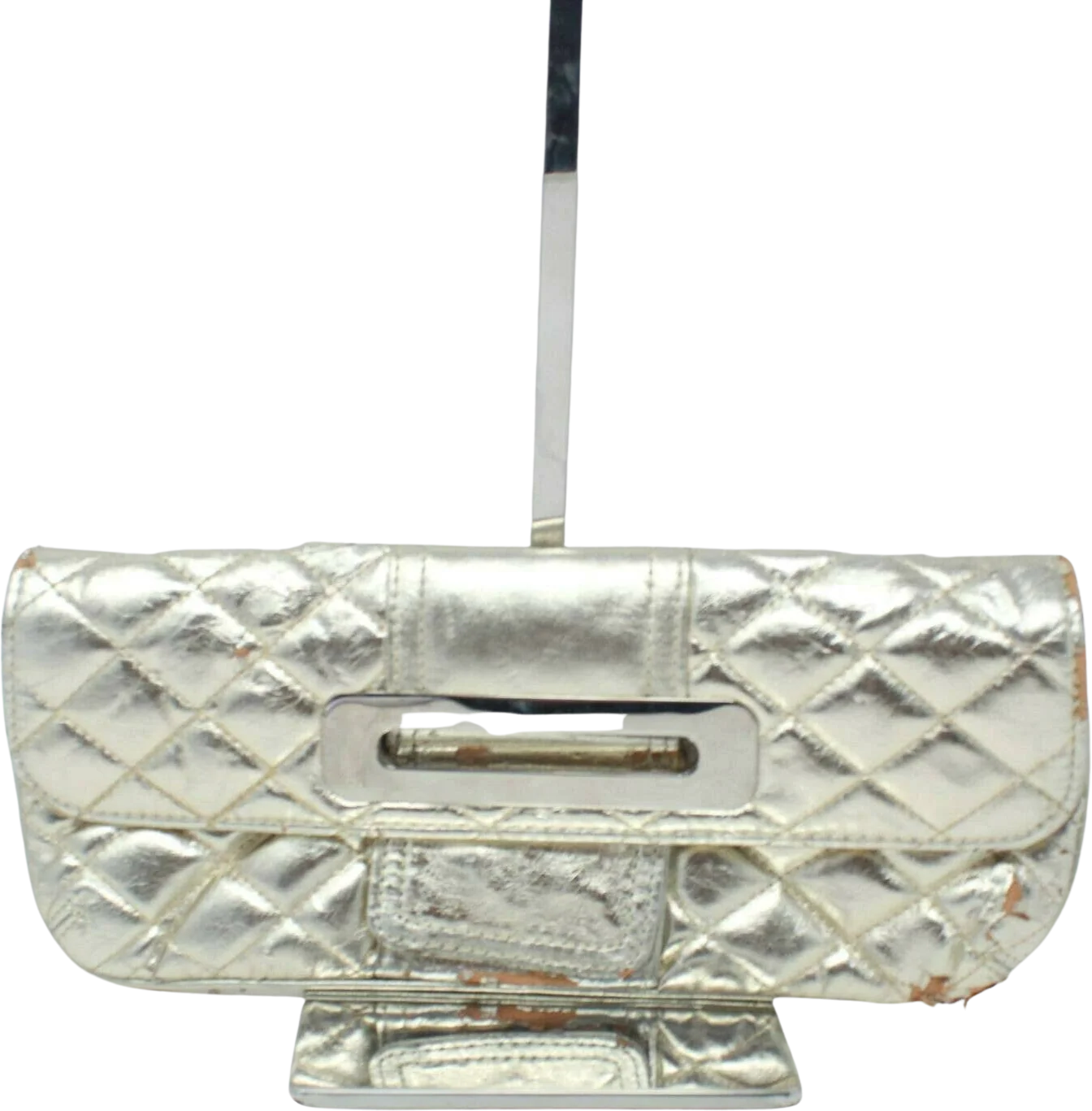 Vintage Womens Quilted Handbag Metallic Silver Diamond Turnlock Pocket