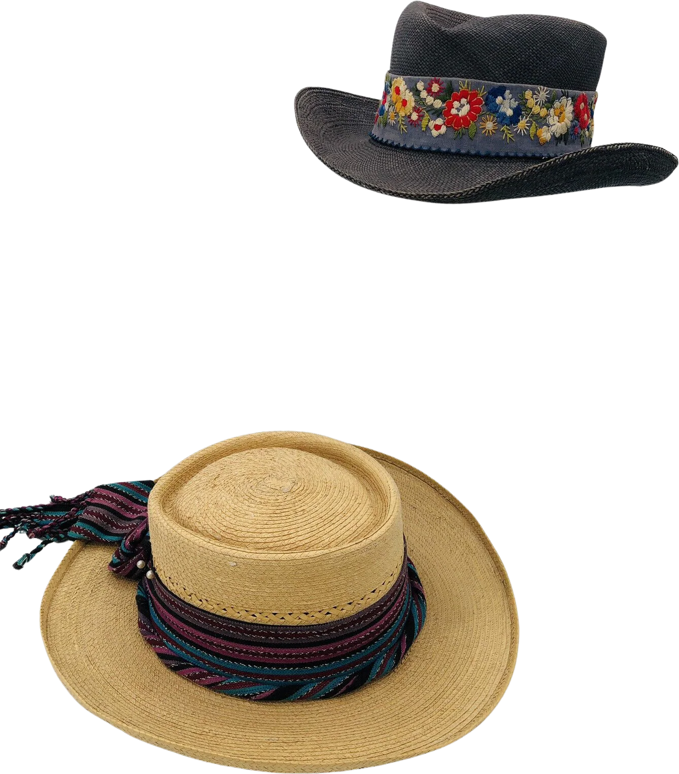 Vintage Womens Straw Palm Leaf Hats Size 6 3/4 Embroidery Festival by Adolfo