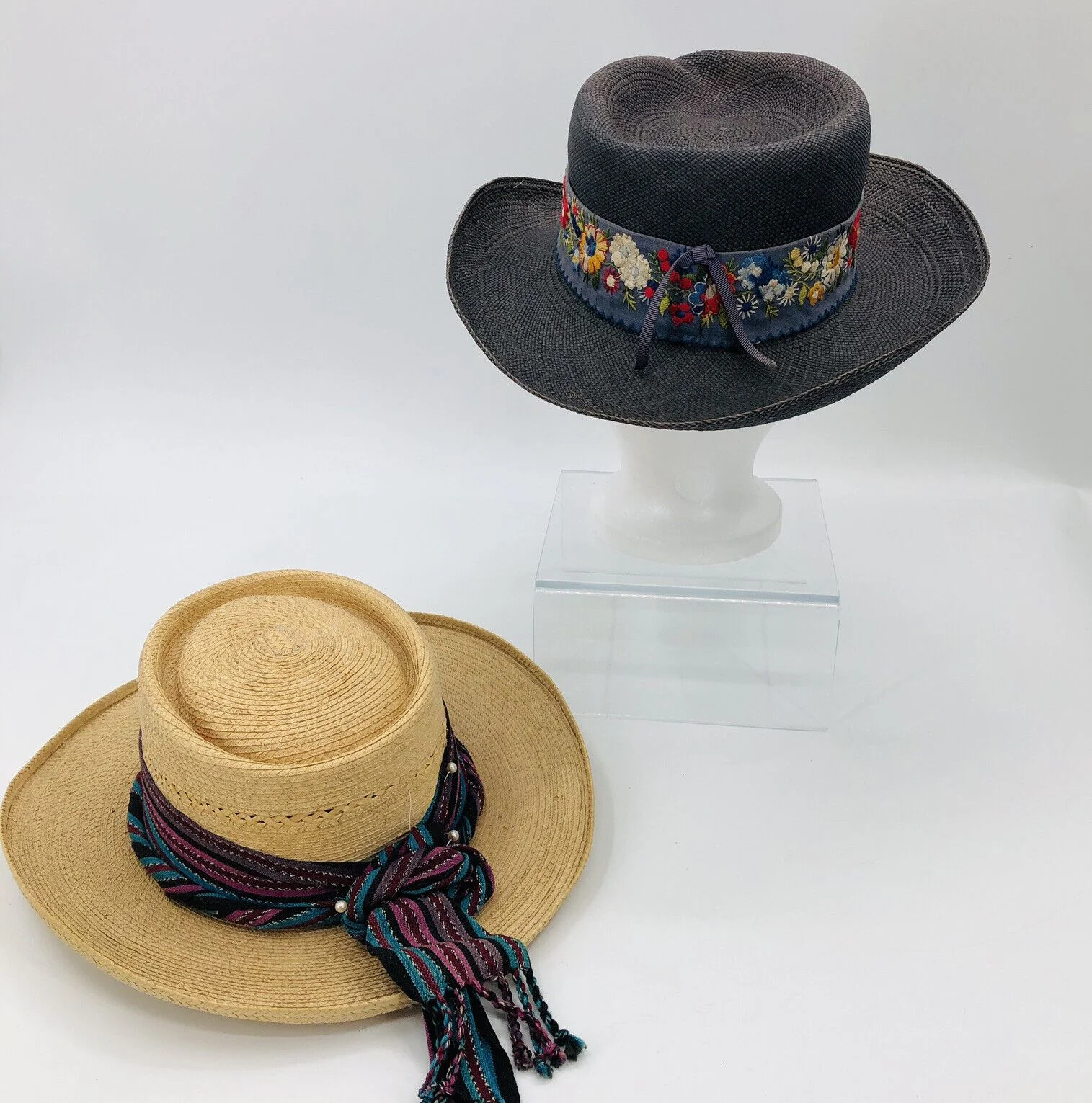 Vintage Womens Straw Palm Leaf Hats Size 6 3/4 Embroidery Festival by Adolfo - Image 2