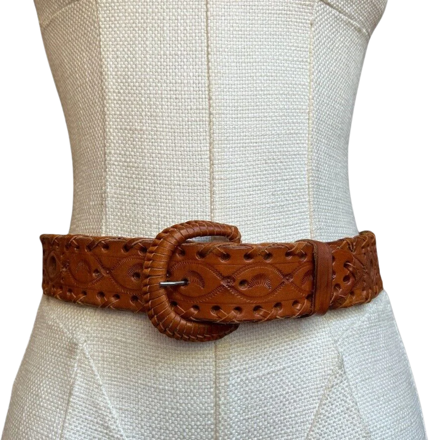 Vintage Women's Warm Brown Leather Tooled Stamped Cutout Western Boho Belt 32"