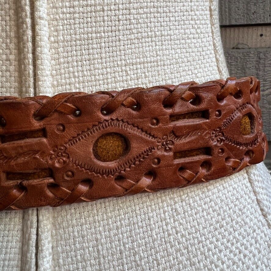 Vintage Women's Warm Brown Leather Tooled Stamped Cutout Western Boho Belt 32" - Image 10