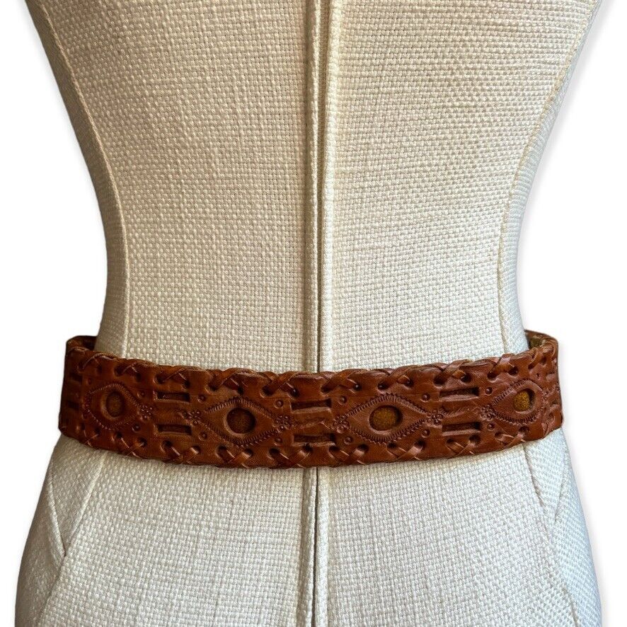 Vintage Women's Warm Brown Leather Tooled Stamped Cutout Western Boho Belt 32" - Image 2