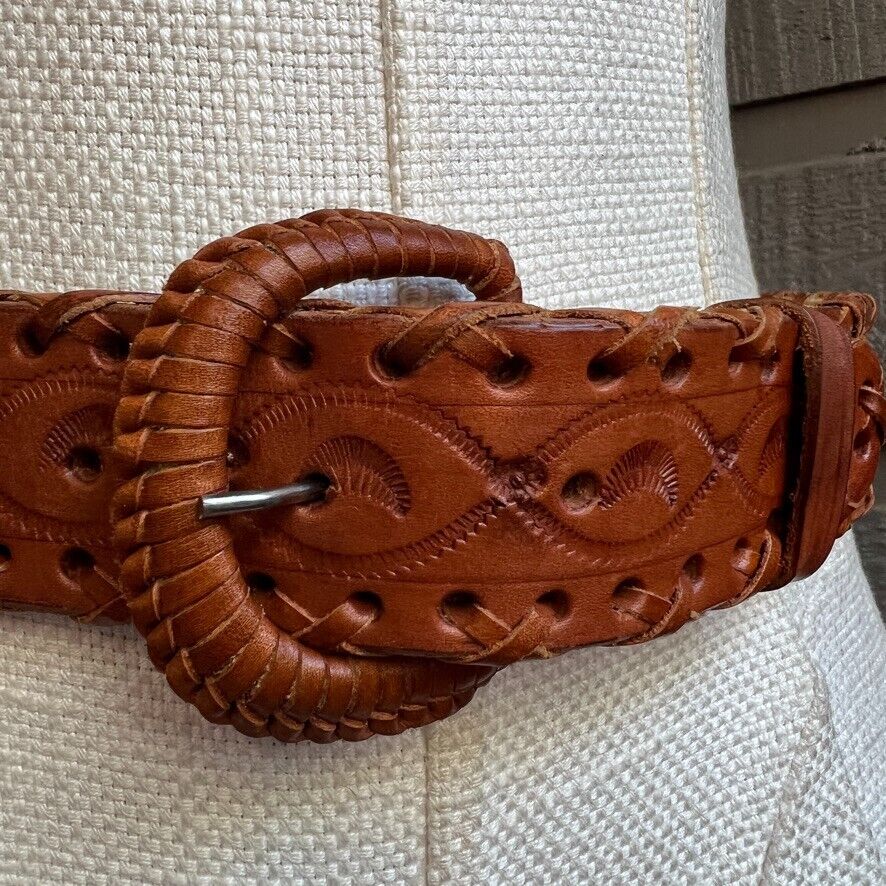 Vintage Women's Warm Brown Leather Tooled Stamped Cutout Western Boho Belt 32" - Image 7