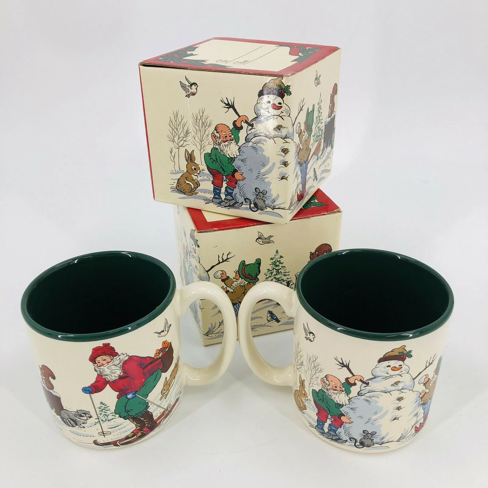 Vintage Wood Land Frolics Skiing Santa Kris Kringle Elves Gnomes Christmas Mugs by Potpourri Press - Image 2