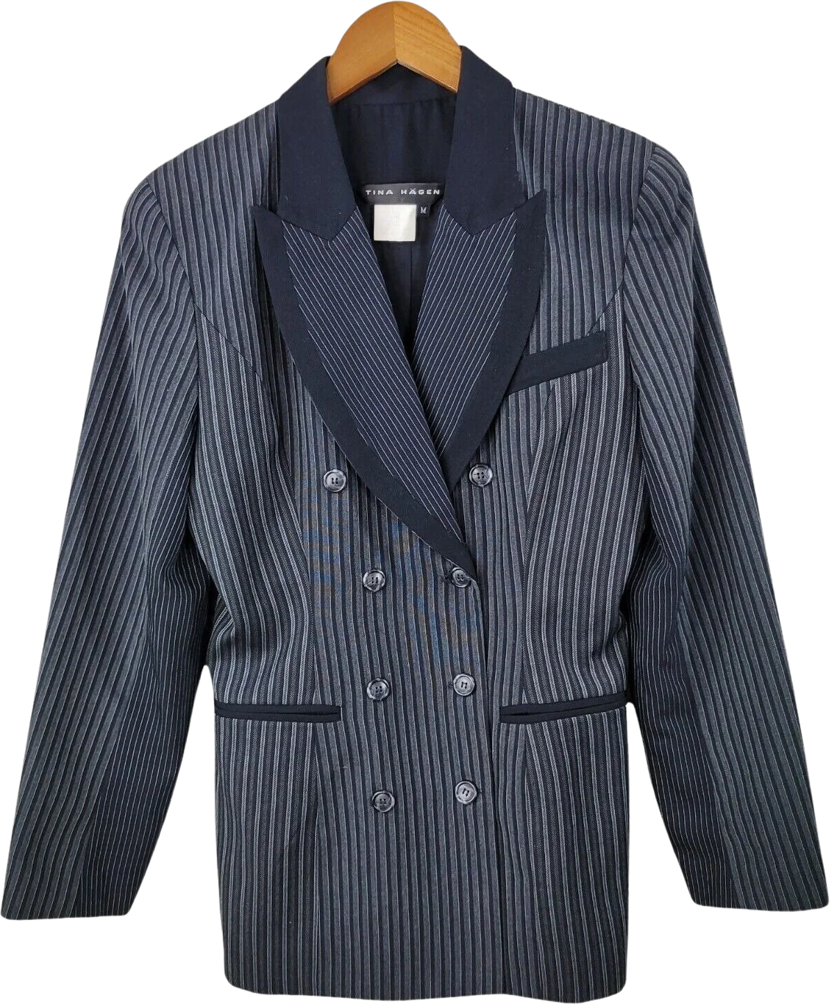 Vintage Wool Blazer Jacket Size Medium Dark Academia Pin Stripe Black by Tina Hagen