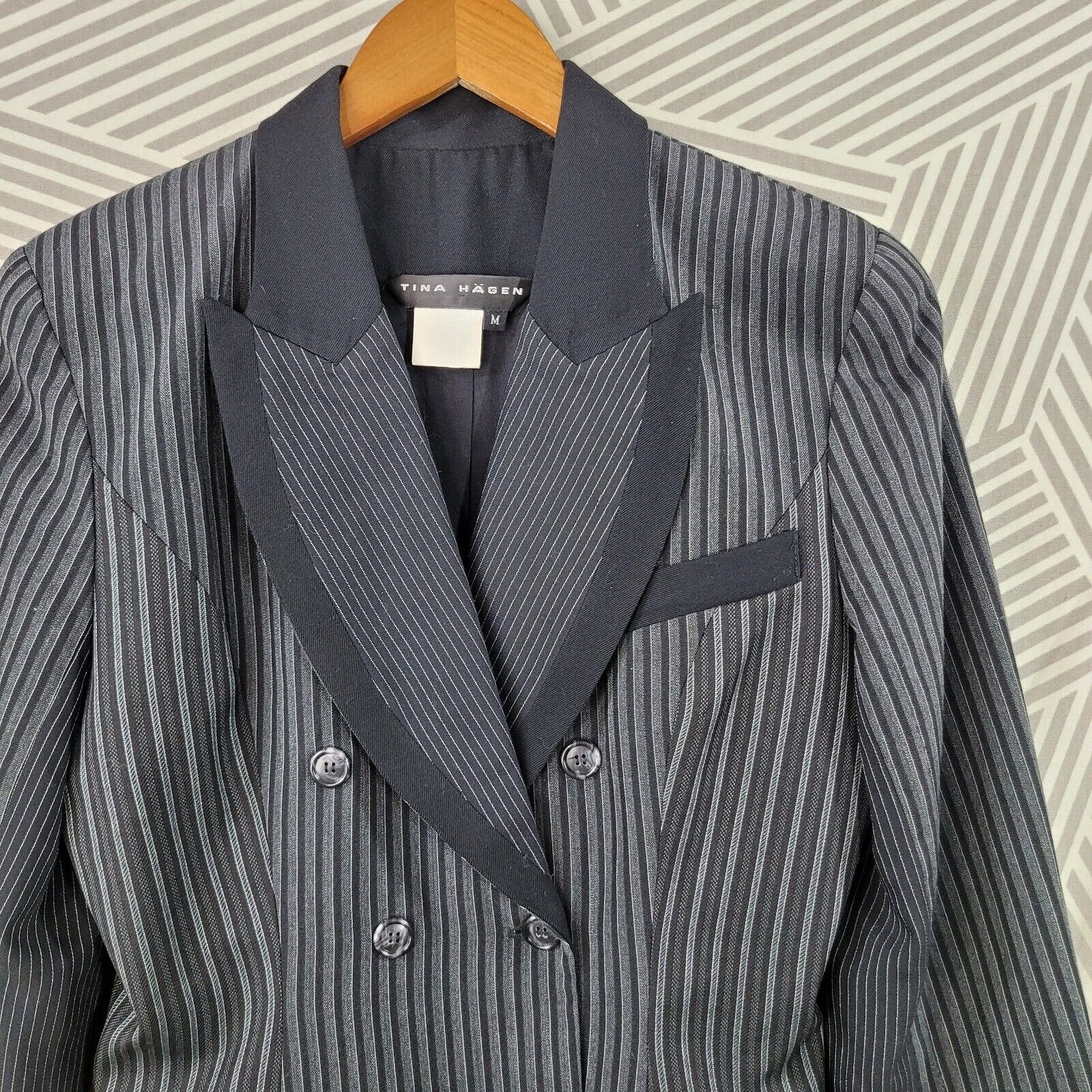 Vintage Wool Blazer Jacket Size Medium Dark Academia Pin Stripe Black by Tina Hagen - Image 3