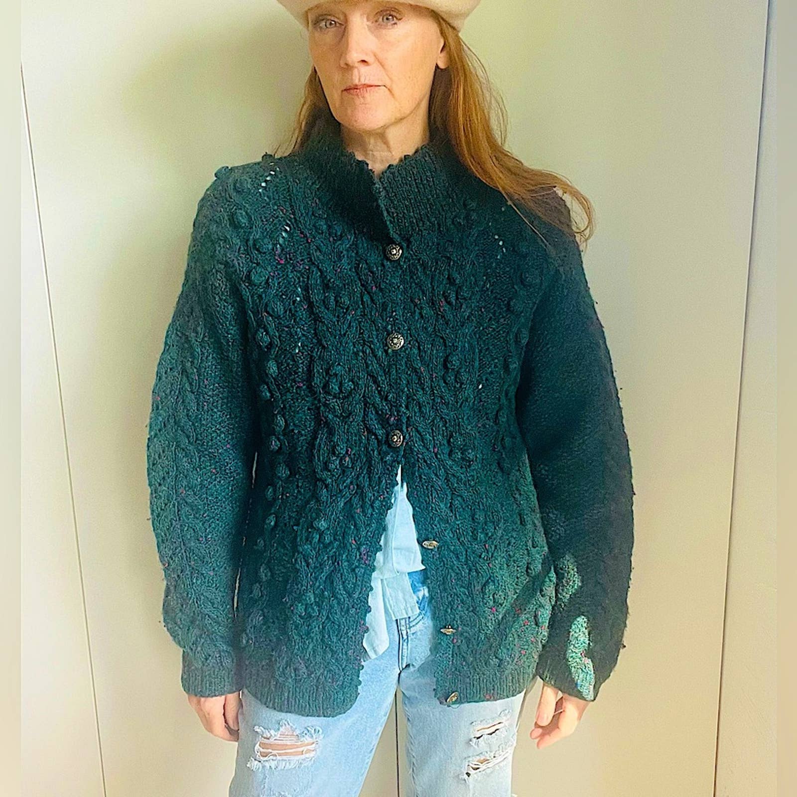 Vintage Wool Cardigan Sweater Bobble Knit Evergreen Large Cozy Warm Green - Image 2