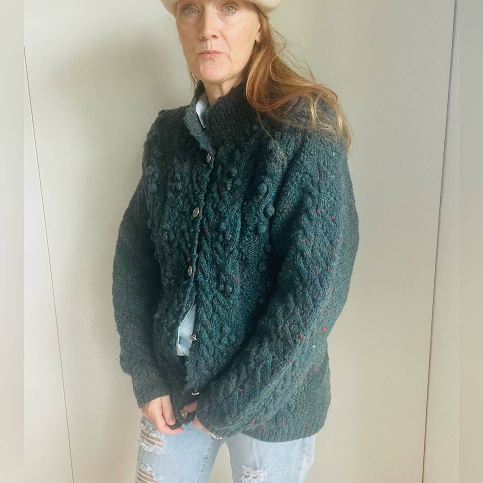 Vintage Wool Cardigan Sweater Bobble Knit Evergreen Large Cozy Warm Green - Image 3