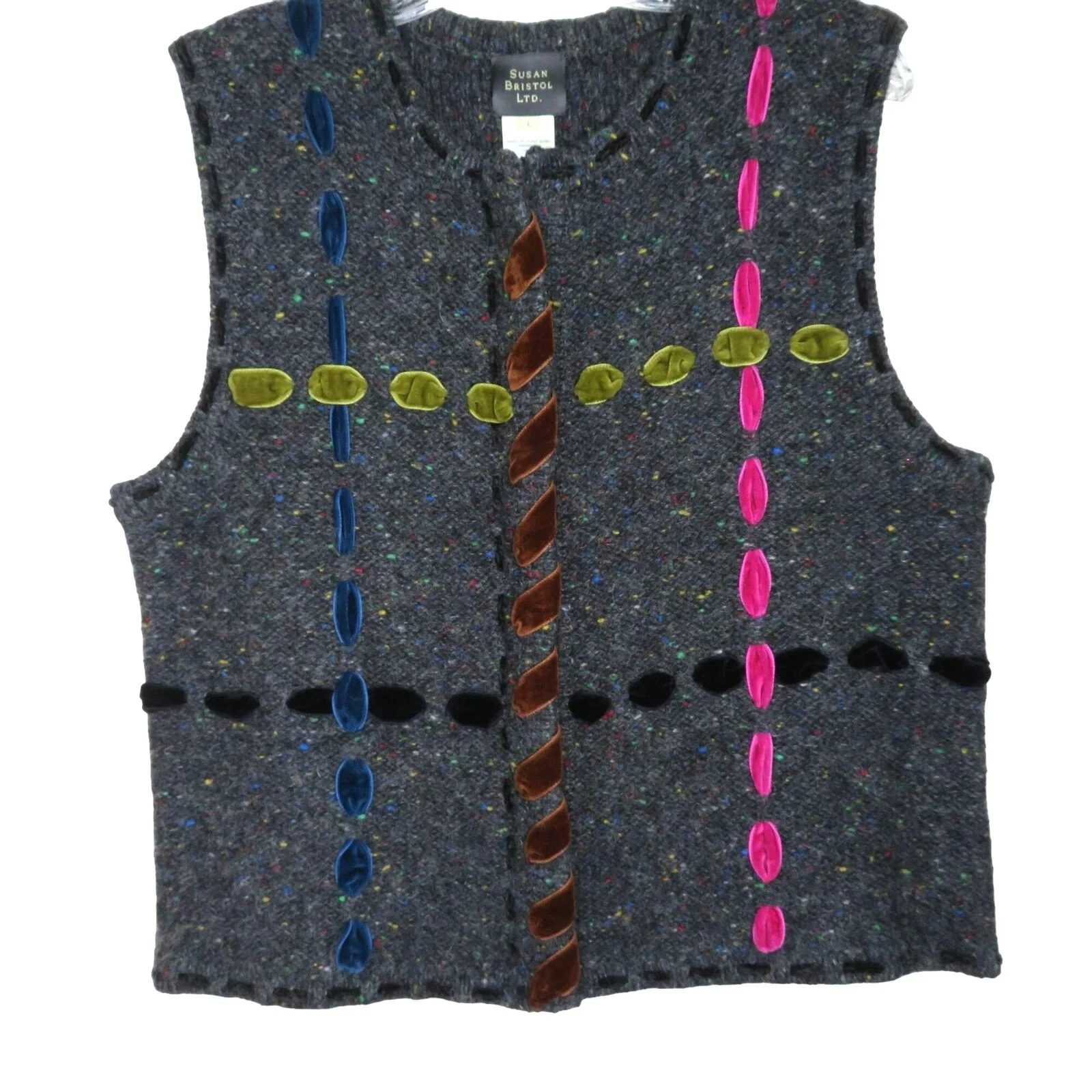 Vintage Wool Sweater Vest L Gray Tweed Hand Embroidered Full Zip by Susan Bristol - Image 3
