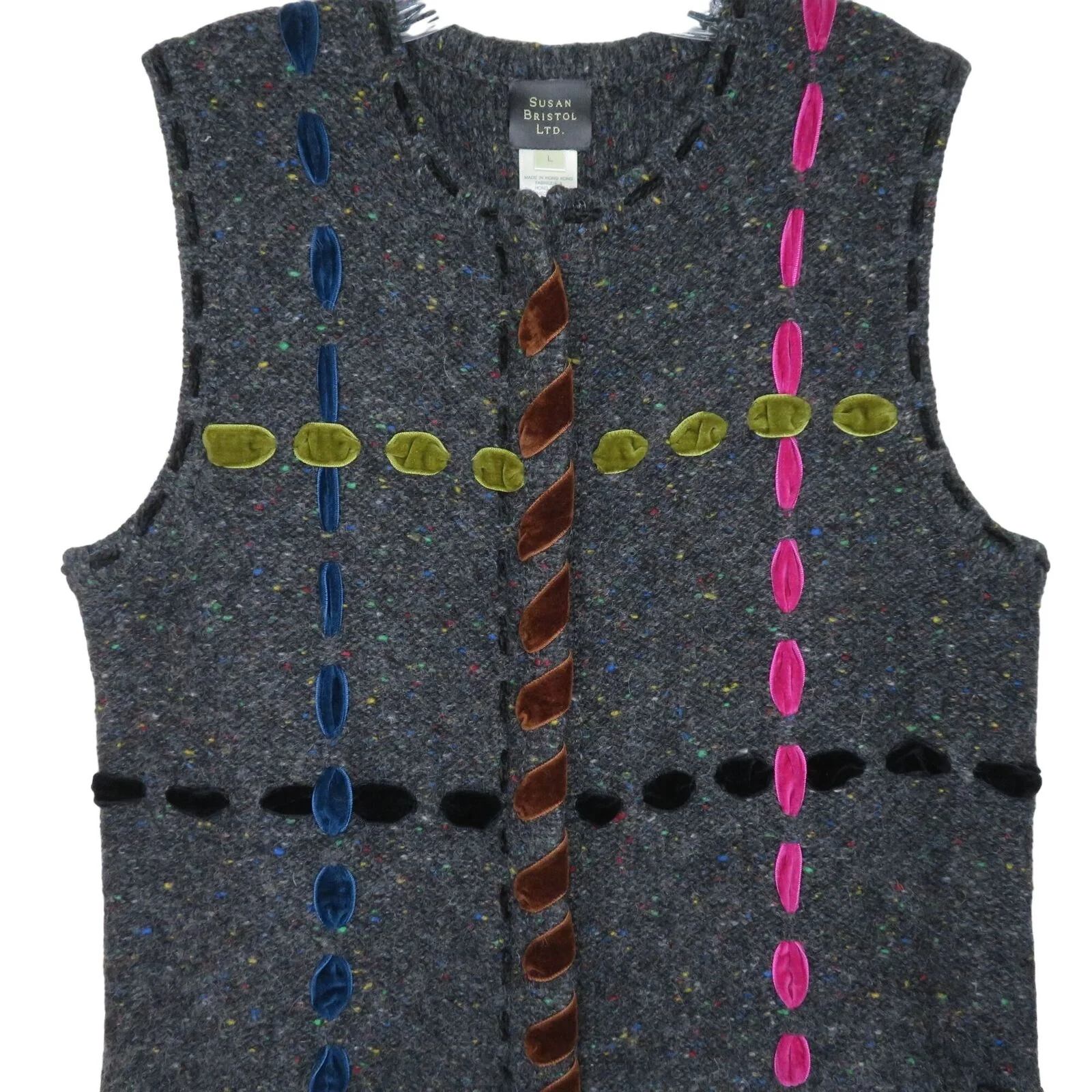 Vintage Wool Sweater Vest L Gray Tweed Hand Embroidered Full Zip by Susan Bristol - Image 4