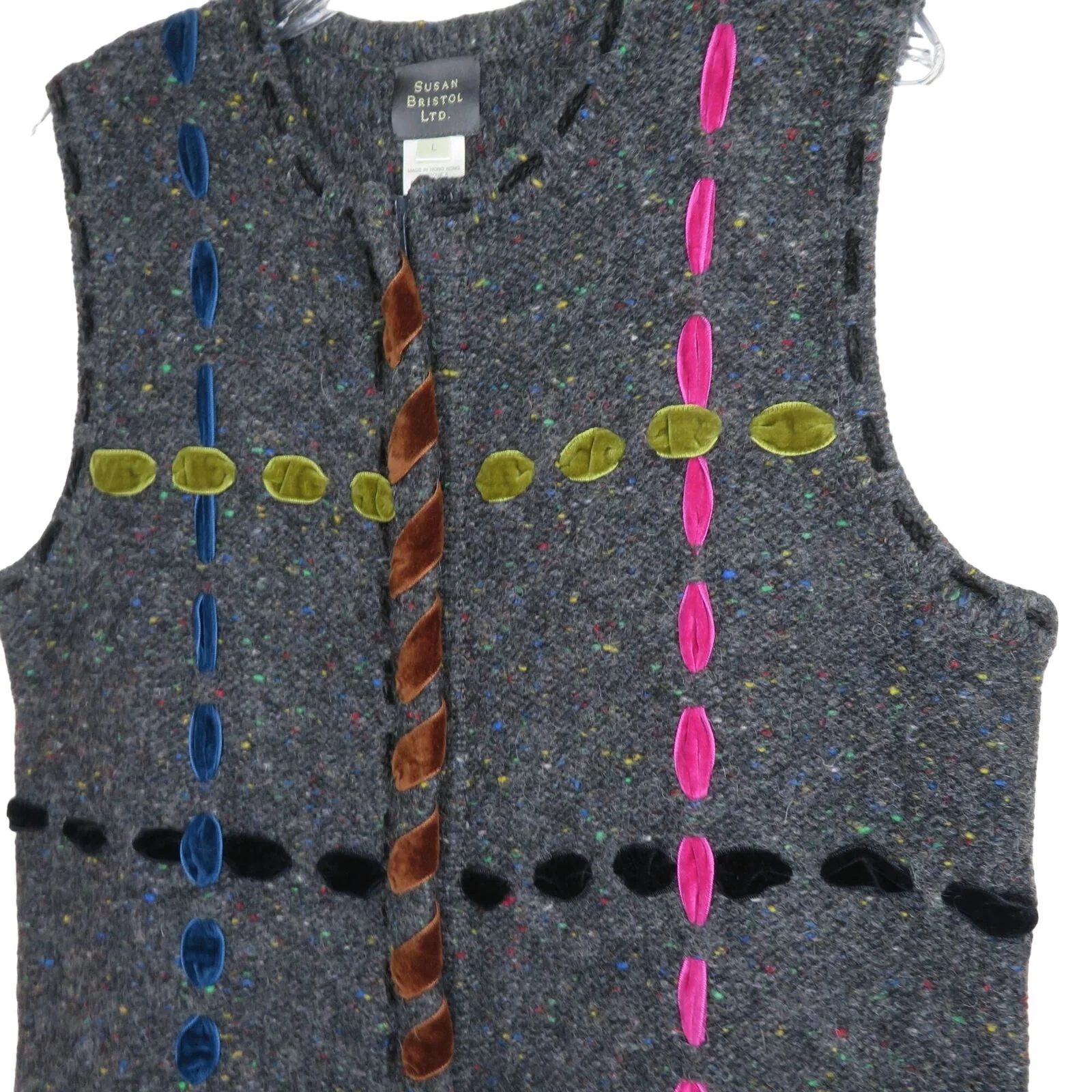 Vintage Wool Sweater Vest L Gray Tweed Hand Embroidered Full Zip by Susan Bristol - Image 5
