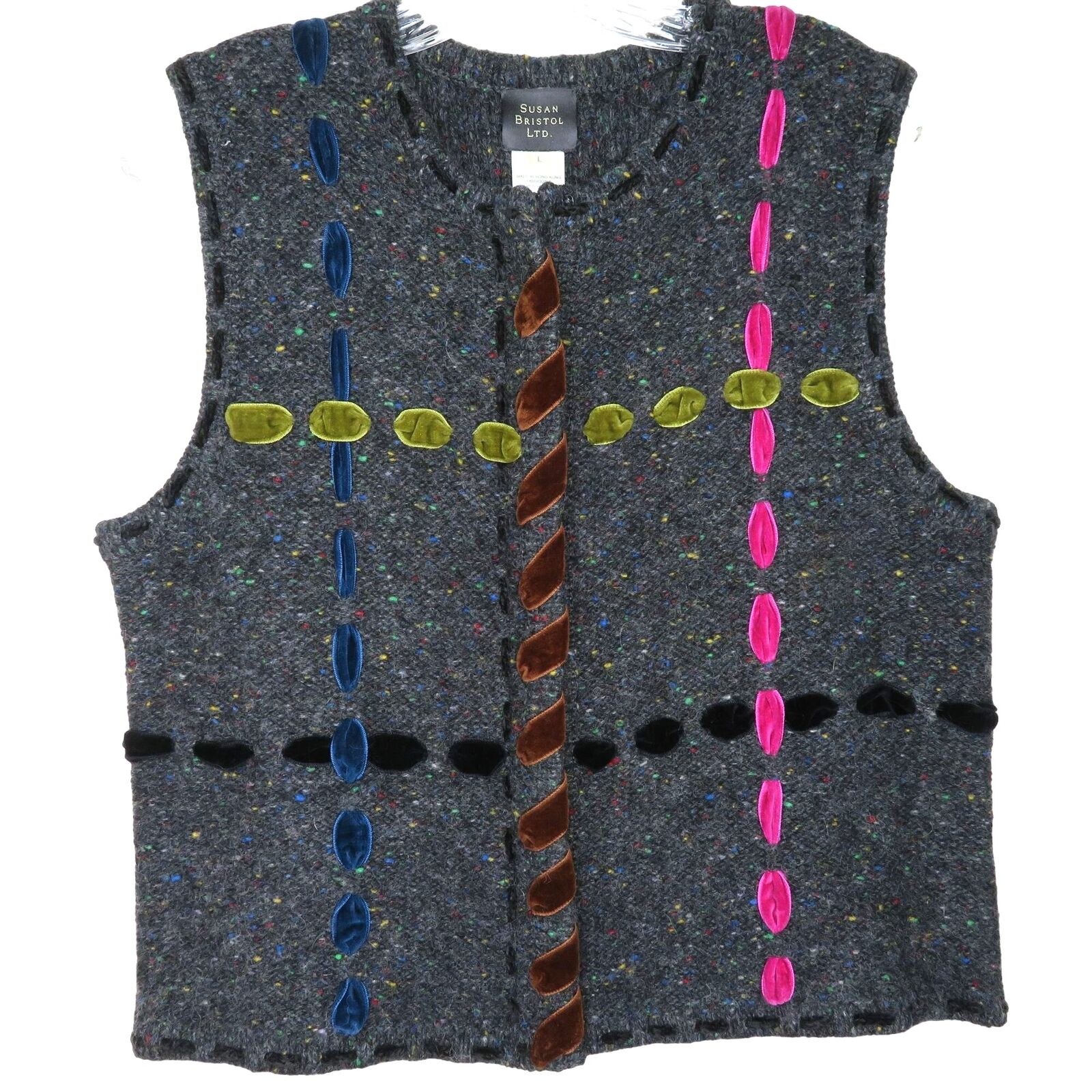 Vintage Wool Sweater Vest L Gray Tweed Hand Embroidered Full Zip by Susan Bristol - Image 7