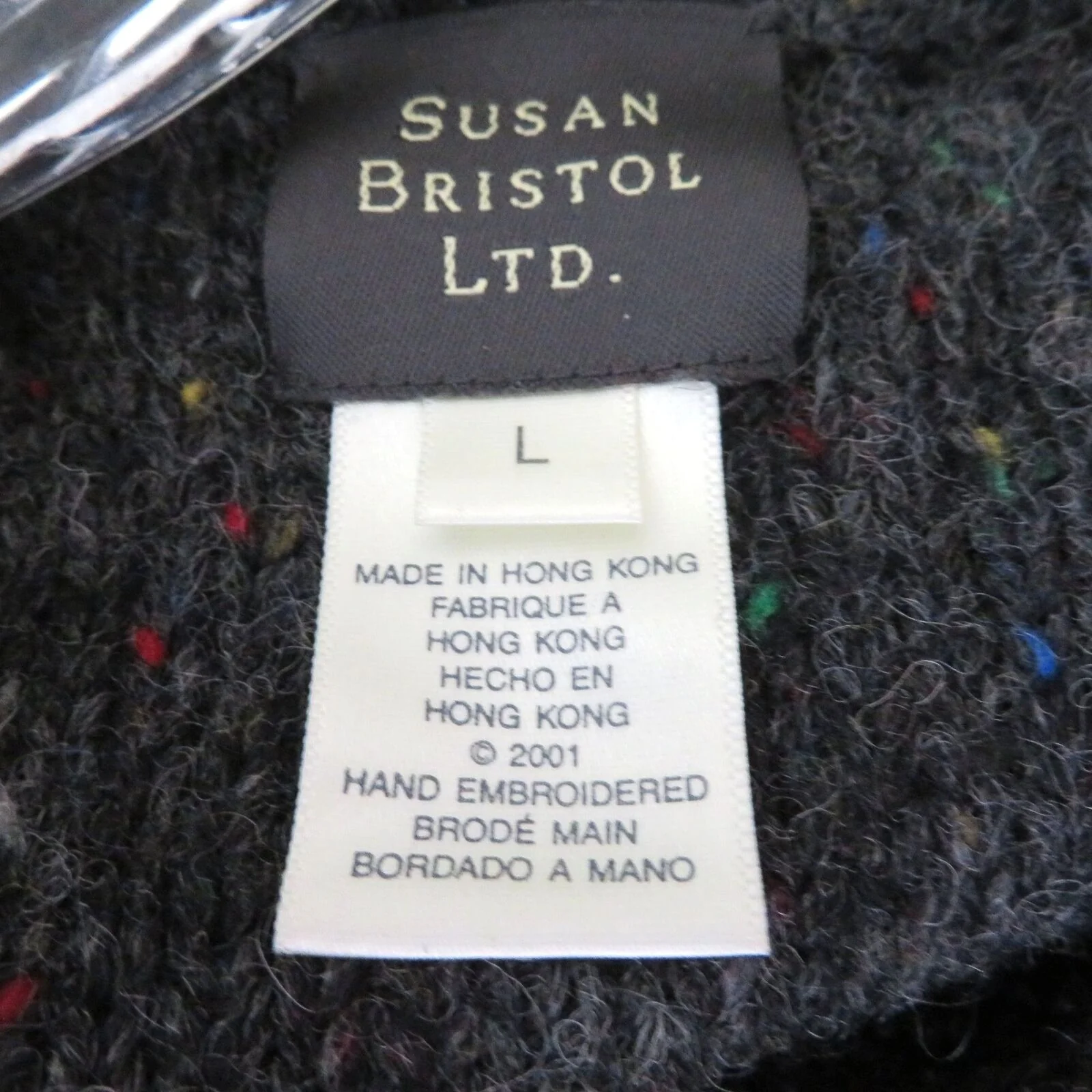 Vintage Wool Sweater Vest L Gray Tweed Hand Embroidered Full Zip by Susan Bristol - Image 9