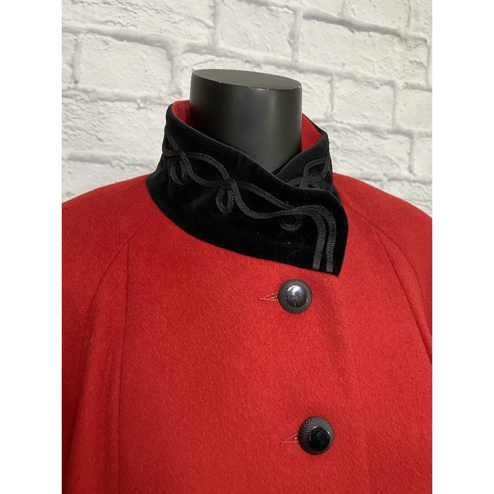 Vintage Wool Swing Coat 80s Leslie Fay Velvet Trim Long Red Buttons by Leslie Fay - Image 3