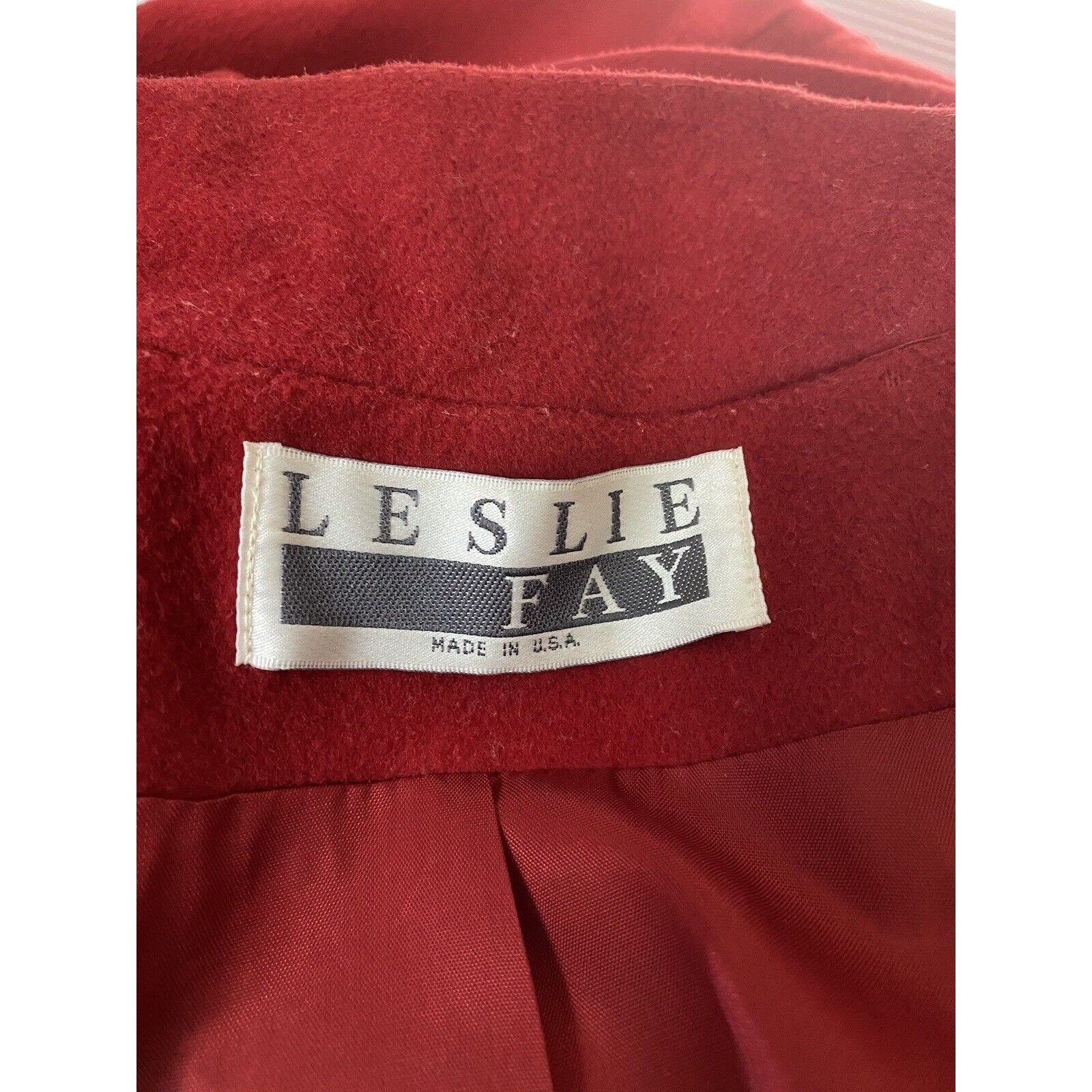 Vintage Wool Swing Coat 80s Leslie Fay Velvet Trim Long Red Buttons by Leslie Fay - Image 9