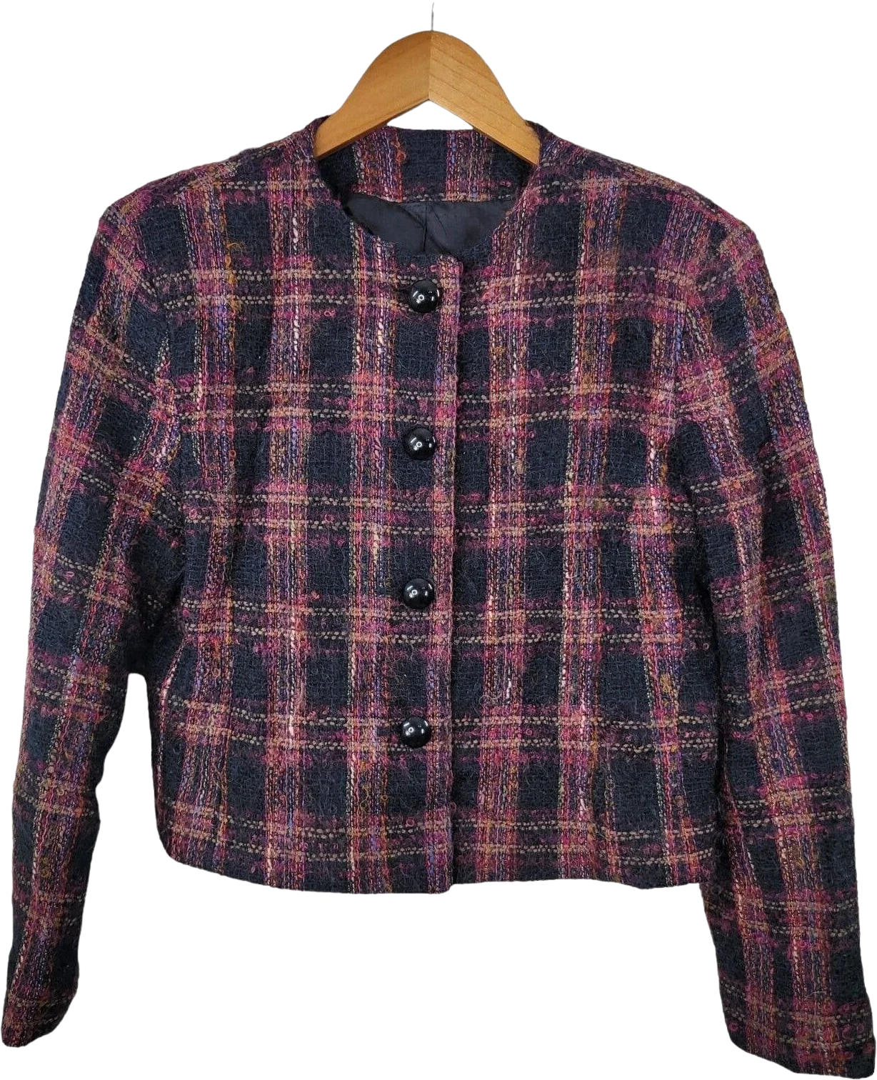 Vintage Wool Tweed Crop Blazer Jacket Size 6/8 Light/dark Academia Plaid Tartan by Lombardi Inc
