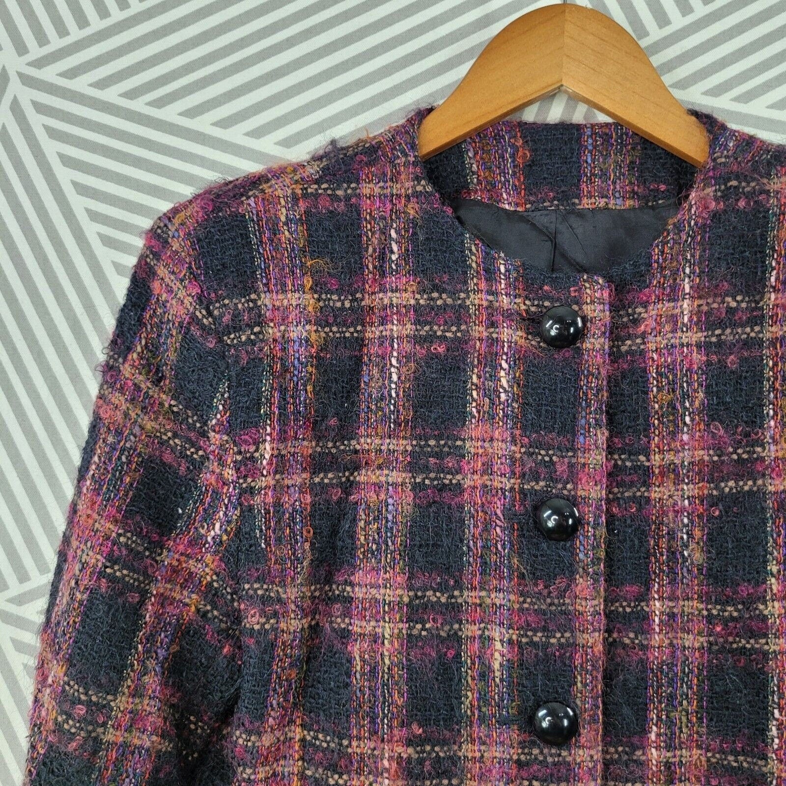 Vintage Wool Tweed Crop Blazer Jacket Size 6/8 Light/dark Academia Plaid Tartan by Lombardi Inc - Image 3