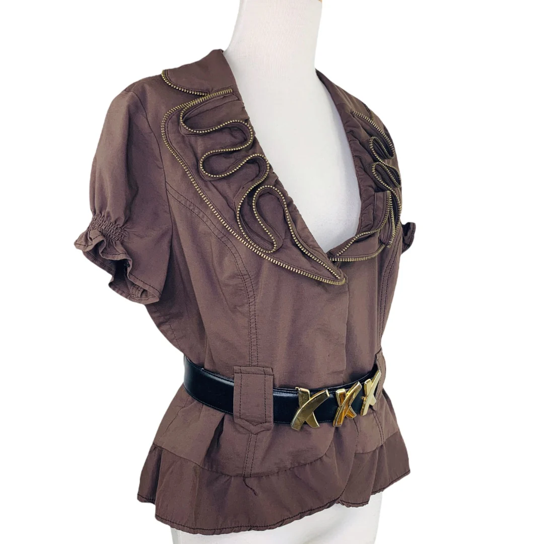 Vntg Womens Jacket 14 Gold Zipper Embellished Ruffle Short Sleeve by Alberto Makali - Image 6