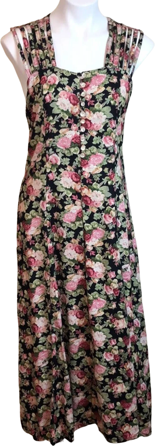 Vtg 80s 90s Strappy Floral Button Down Grunge Dress Medium Prairie Fit and Flare by Premi