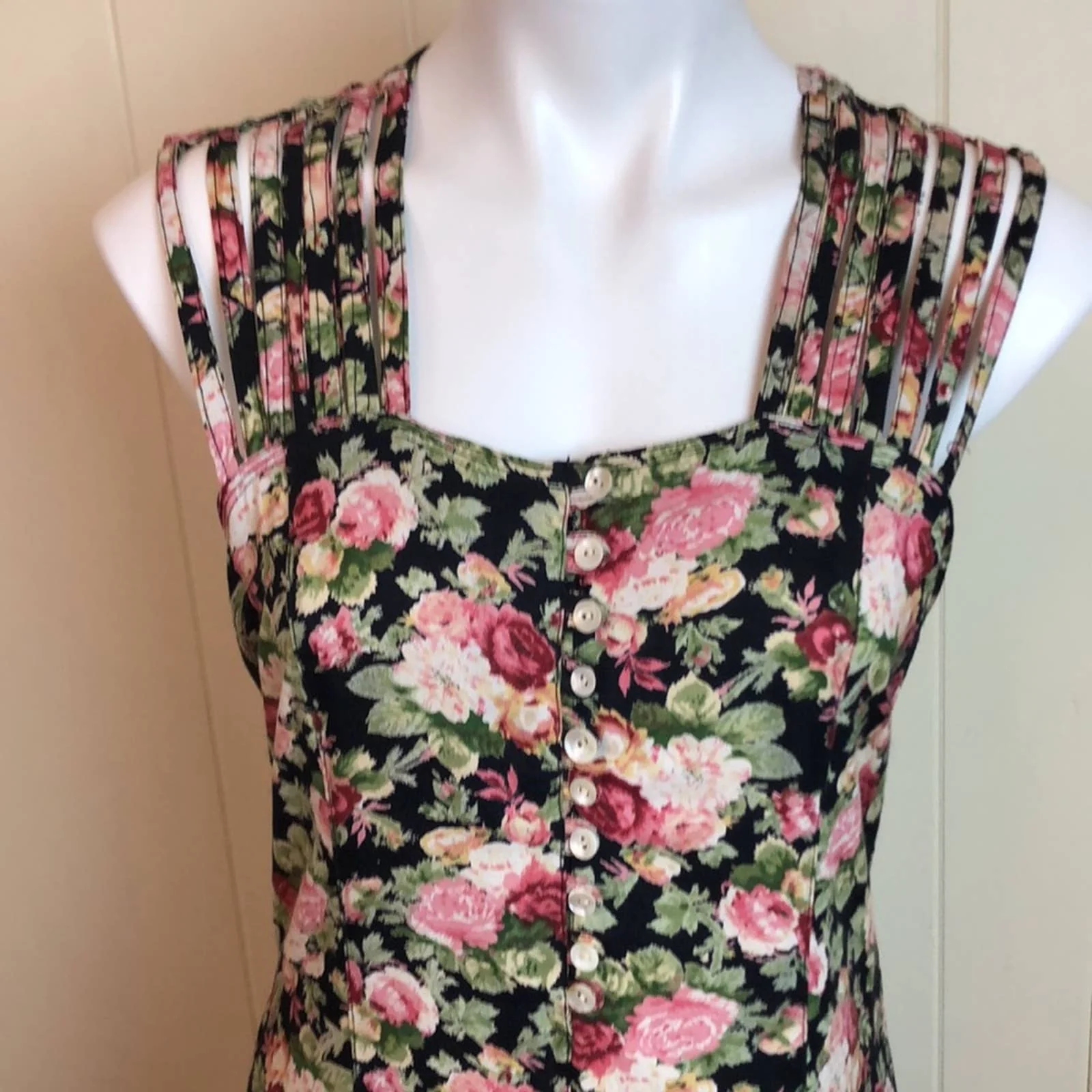 Vtg 80s 90s Strappy Floral Button Down Grunge Dress Medium Prairie Fit and Flare by Premi - Image 3