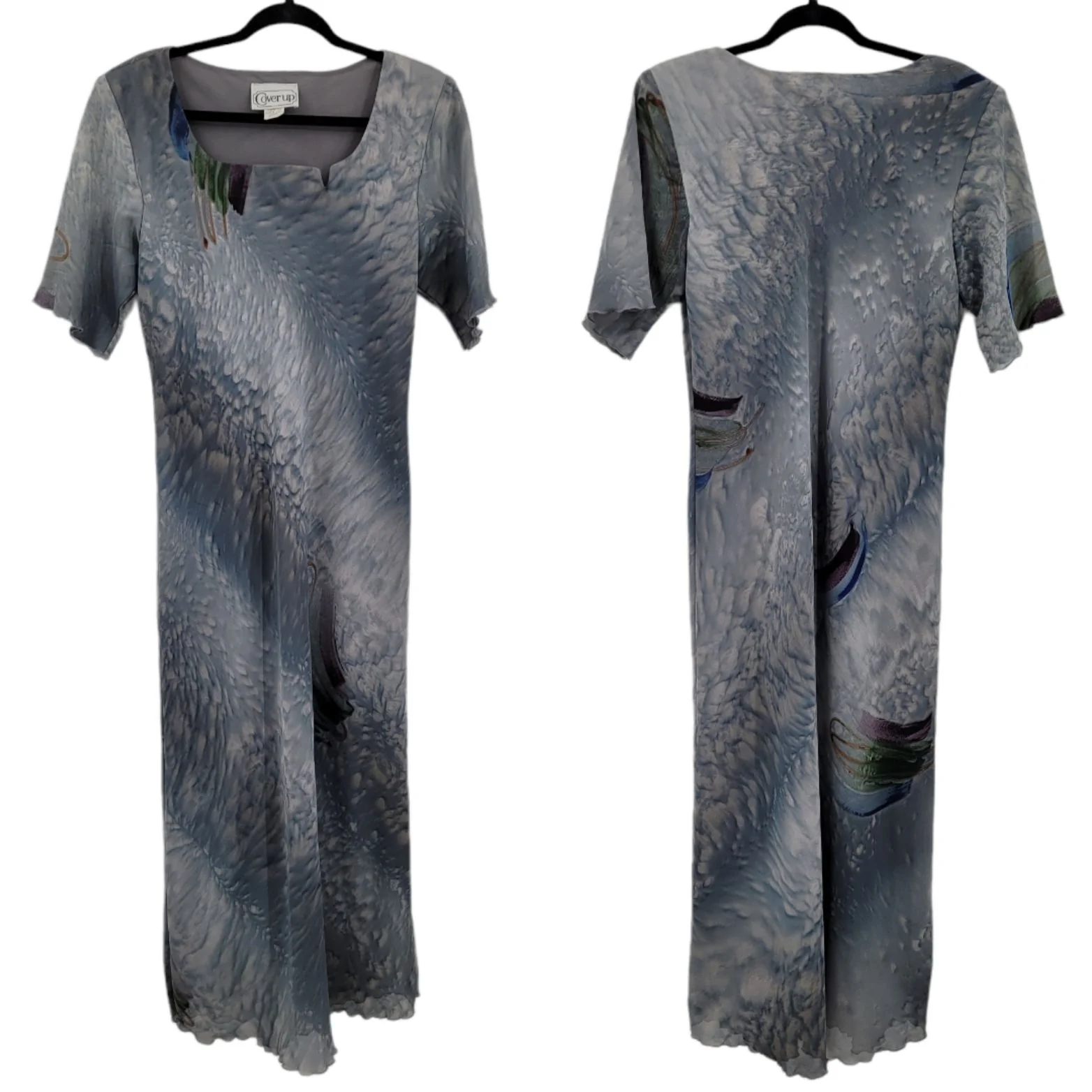Vtg 80s Womens Dress Maxi Angelcore Fairycore Feather Wing Print Blue Sz M by Coverup - Image 2