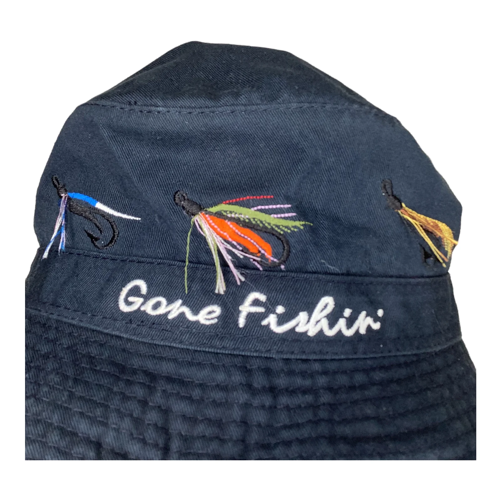 Vtg Bucket Hat 90s 00s Gone Fishing Fly Blue Mens Medium Faded by Dorfman Pacific - Image 2