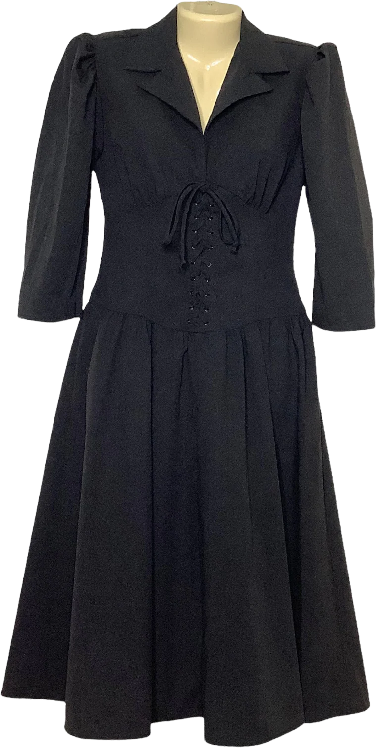 Vtg Corset Dress Xs/s Soft Black Collared Tie Waist A-Line Quarter Length Sleeve Rockabilly