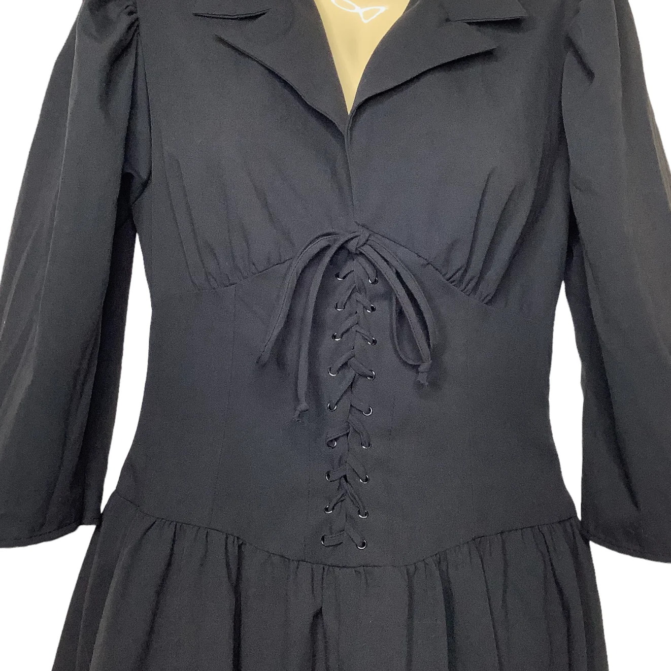 Vtg Corset Dress Xs/s Soft Black Collared Tie Waist A-Line Quarter Length Sleeve Rockabilly - Image 6