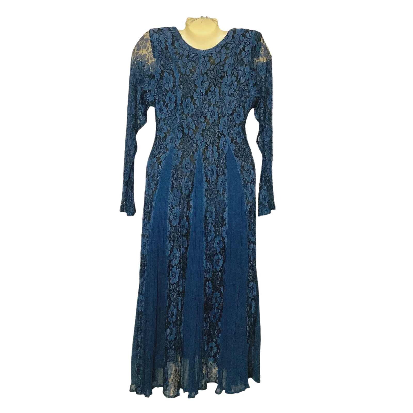 Vtg Dress 90s 00s Teal Maxi Floral Lace Chiffon Long Sleeve Small Petite by Starina - Image 2