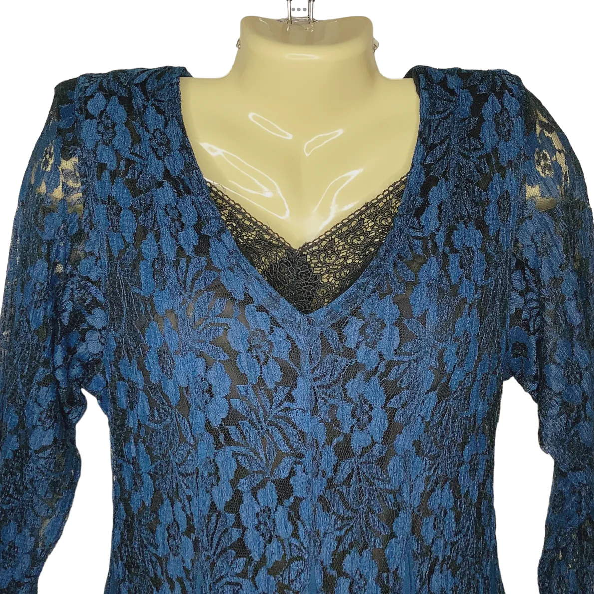 Vtg Dress 90s 00s Teal Maxi Floral Lace Chiffon Long Sleeve Small Petite by Starina - Image 4