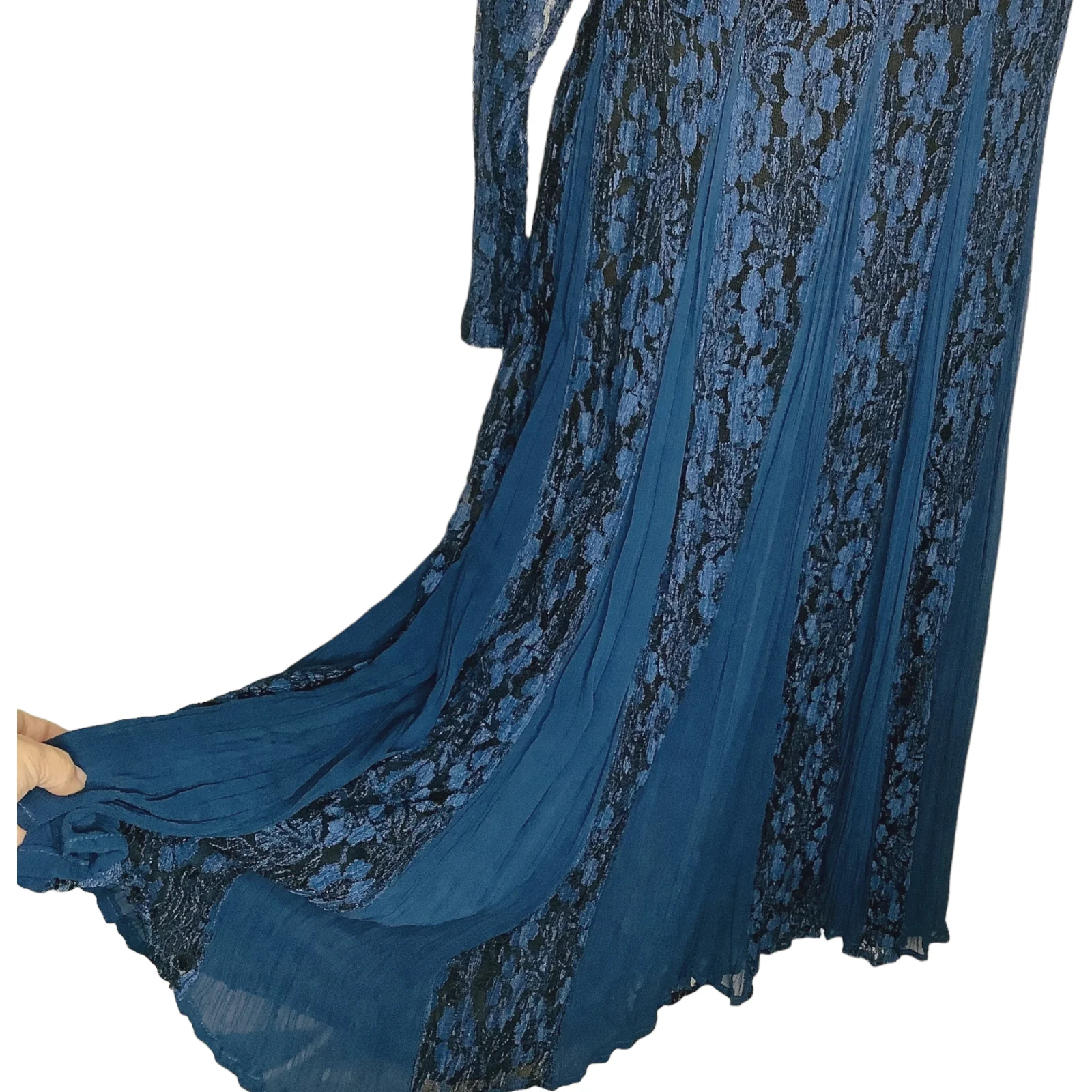 Vtg Dress 90s 00s Teal Maxi Floral Lace Chiffon Long Sleeve Small Petite by Starina - Image 5