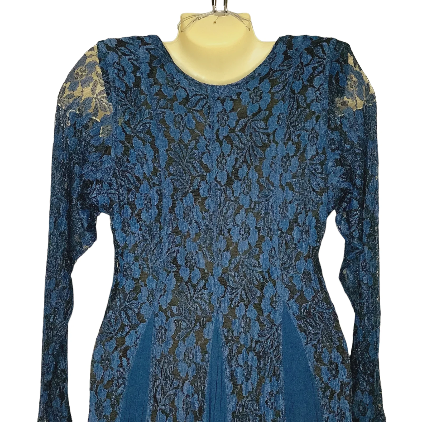 Vtg Dress 90s 00s Teal Maxi Floral Lace Chiffon Long Sleeve Small Petite by Starina - Image 6