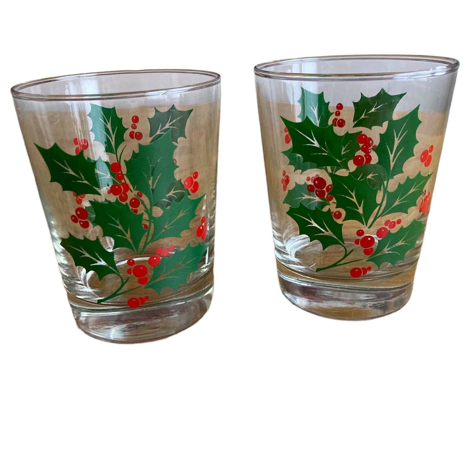 Vtg Holiday Holly Berry Glasses Old Fashioned Heavy Bottom Drink Tumblers Set 2 - Image 2