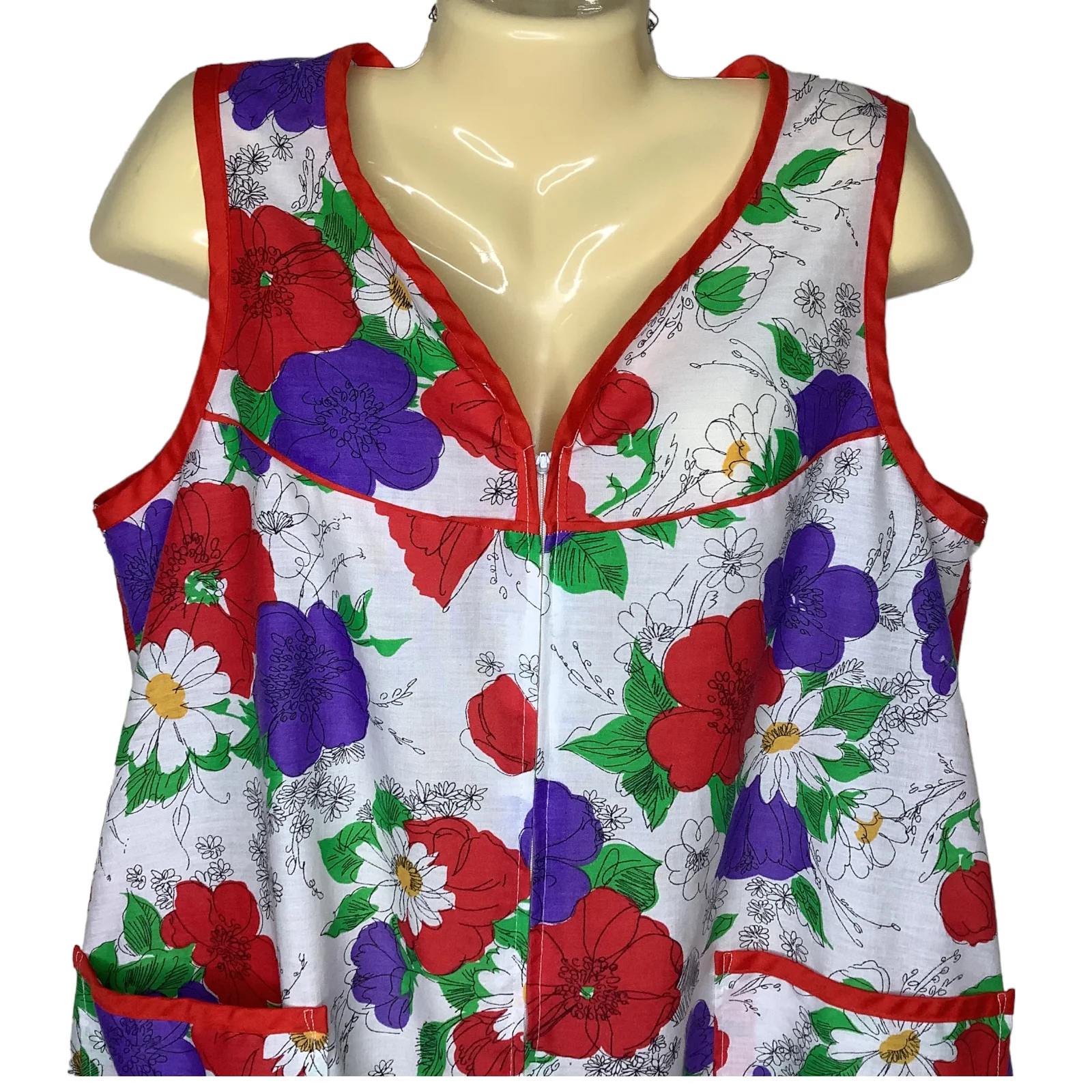 Vtg House Day Dress Large 70s 80s Floral Muumuu Nightgown Zip Sleeveless Pockets - Image 4