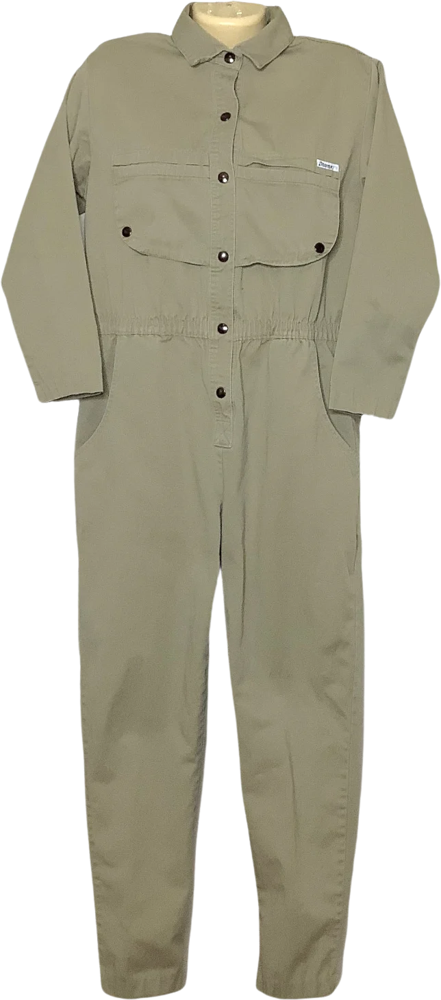 Vtg Jumpsuit 80s Boiler Suit Medium Tan Canvas Snap Button Utility Safari Usa
