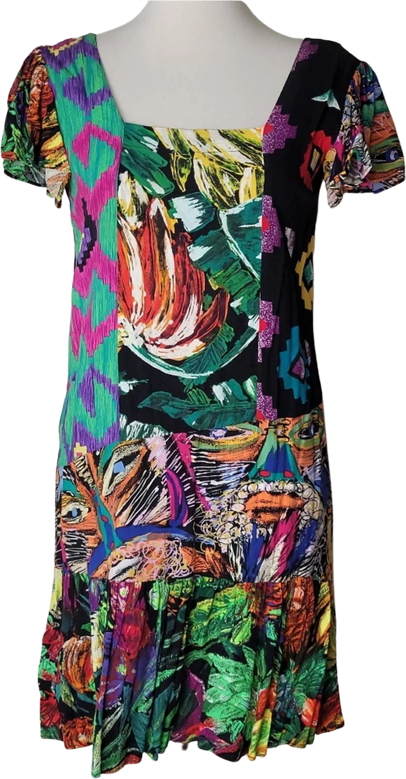 Vtg Multicolor Abstract Square Neck Short Sleeved Flouncy Dress S by Jams World