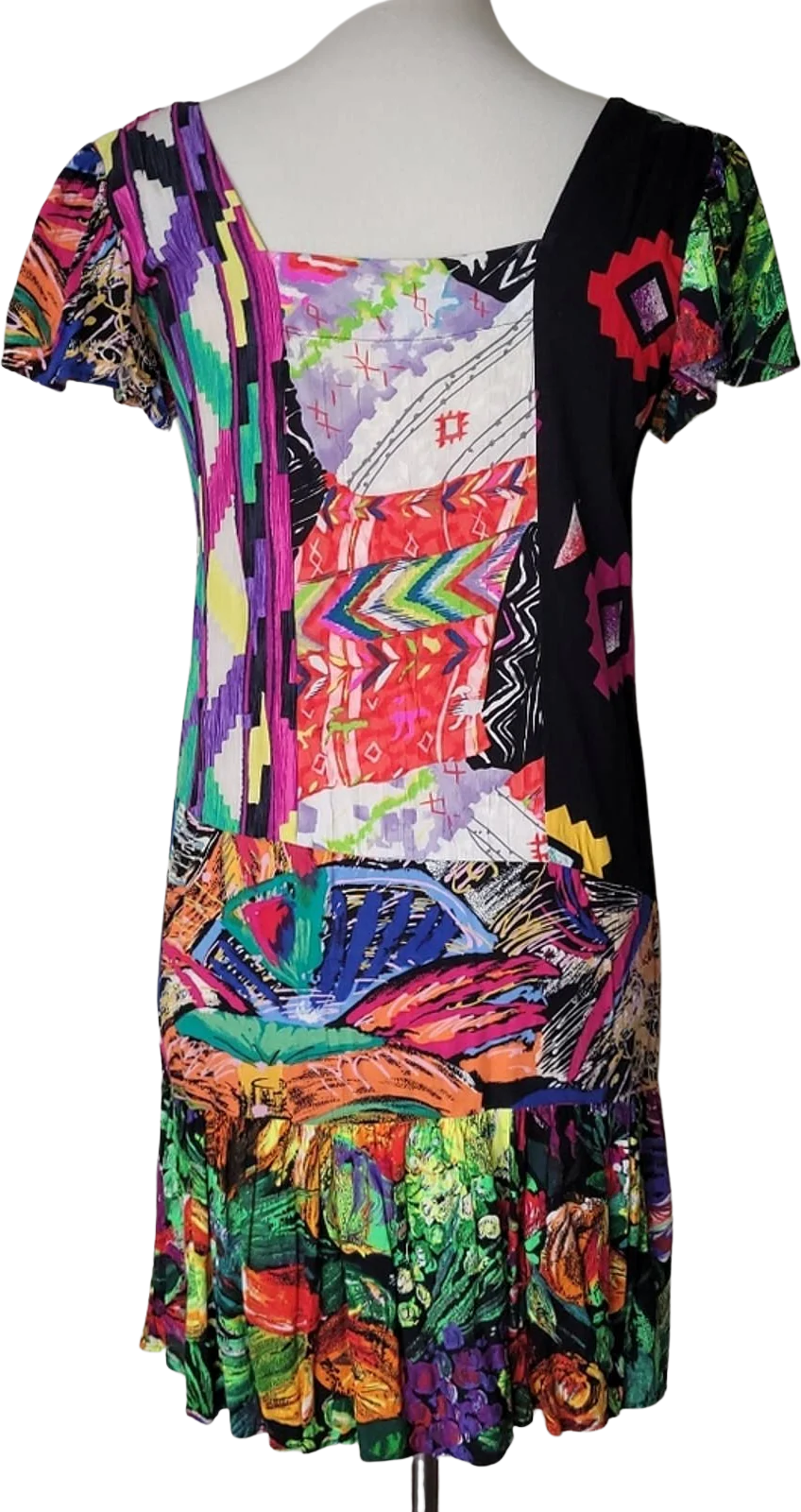 Vtg Multicolor Abstract Square Neck Short Sleeved Flouncy Dress S by Jams World - Image 2