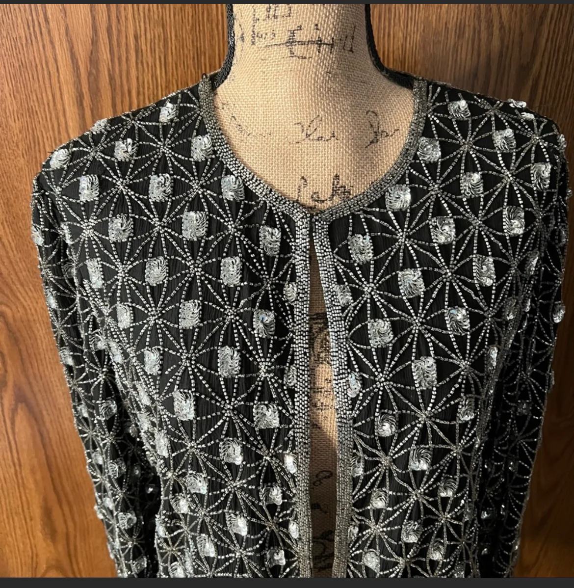 Vtg Papell Boutique Blk Silver Sequin Bead Blazer - Image 3