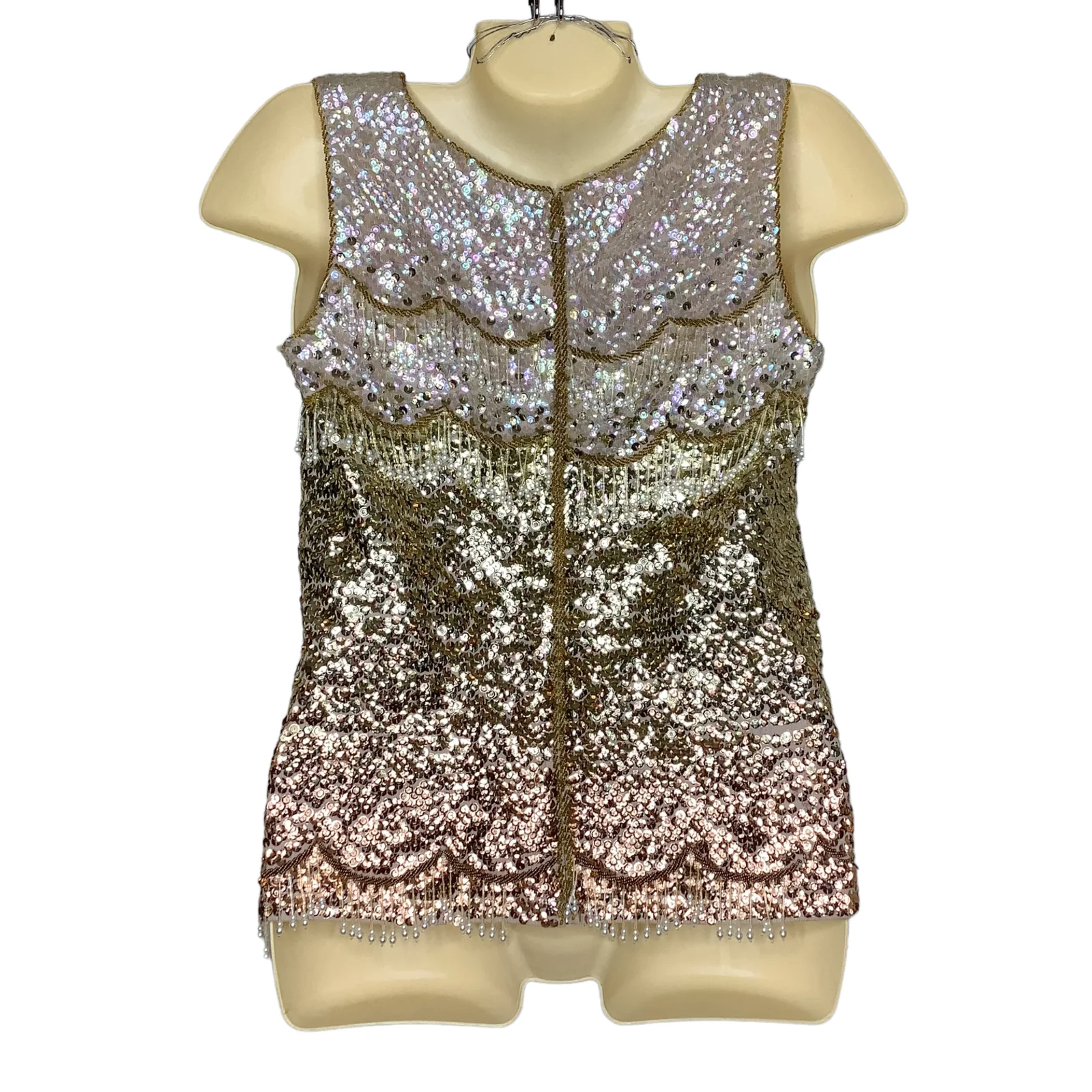 Vtg Sequin Top 50s 60s Faux Pearl Beaded Sleeveless Xs/s Flapper Cocktail Flaws - Image 2