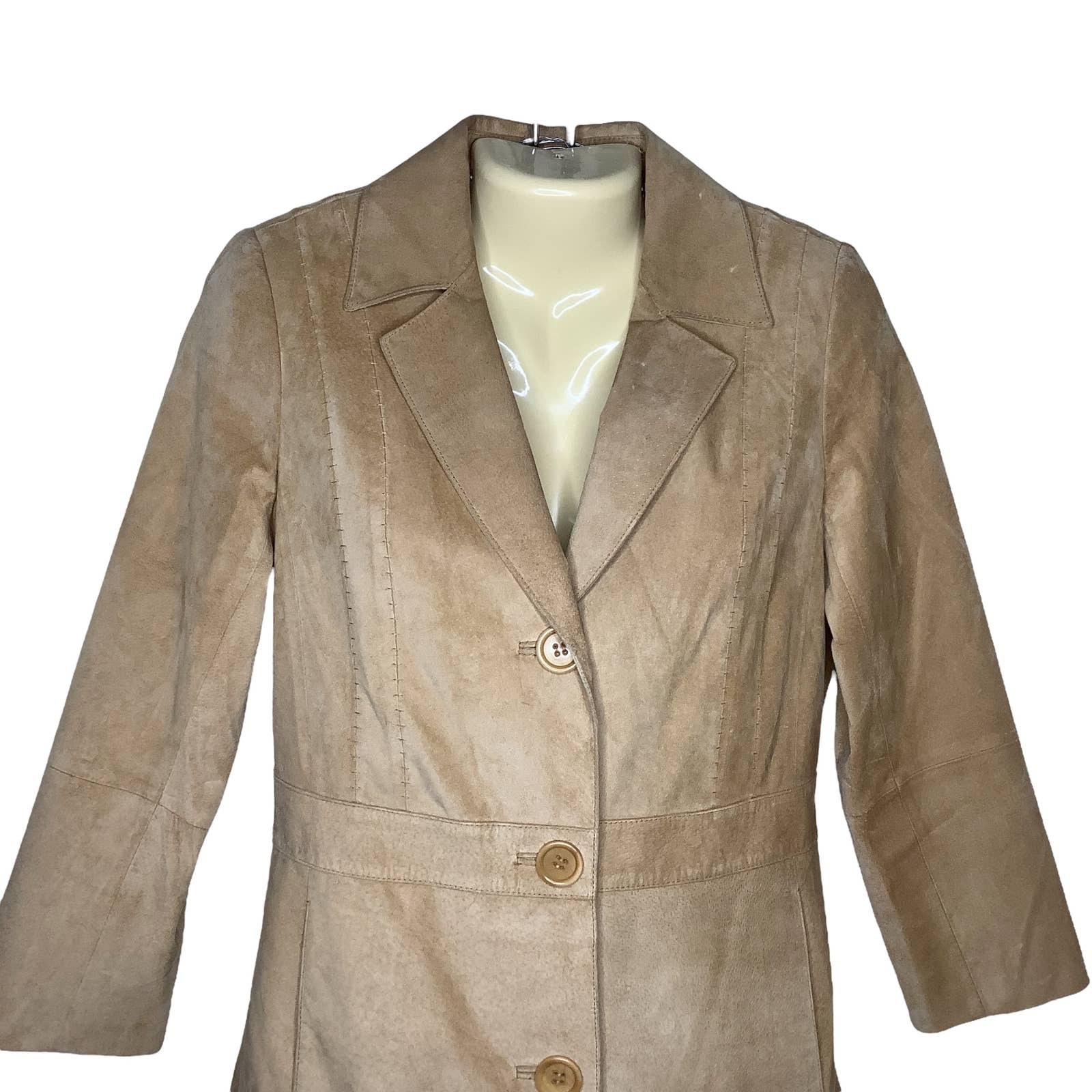 Vtg Suede Coat 90s 00s Lightweight Leather Longline Pockets Tan Xs by Kenneth Cole New York - Image 4