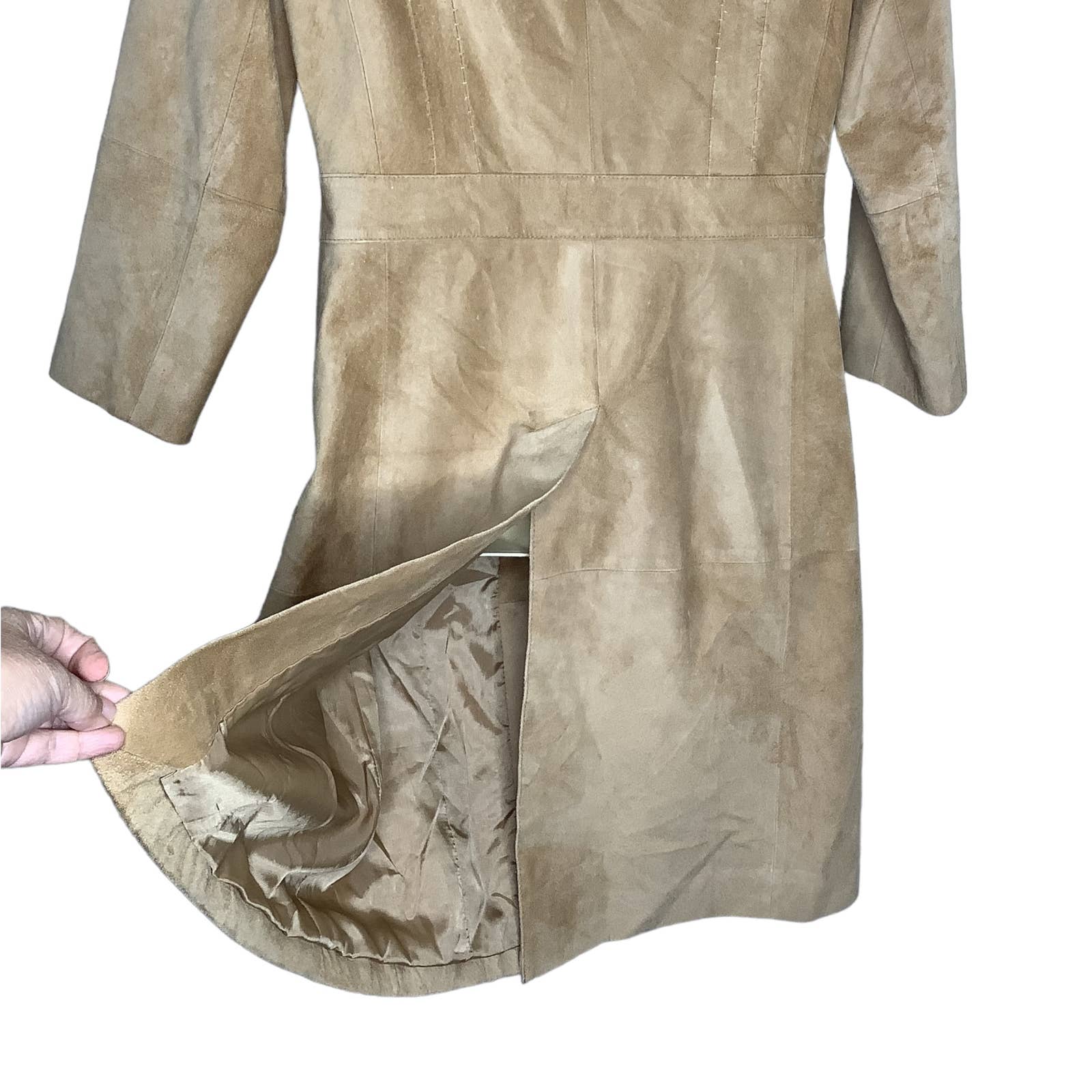 Vtg Suede Coat 90s 00s Lightweight Leather Longline Pockets Tan Xs by Kenneth Cole New York - Image 7